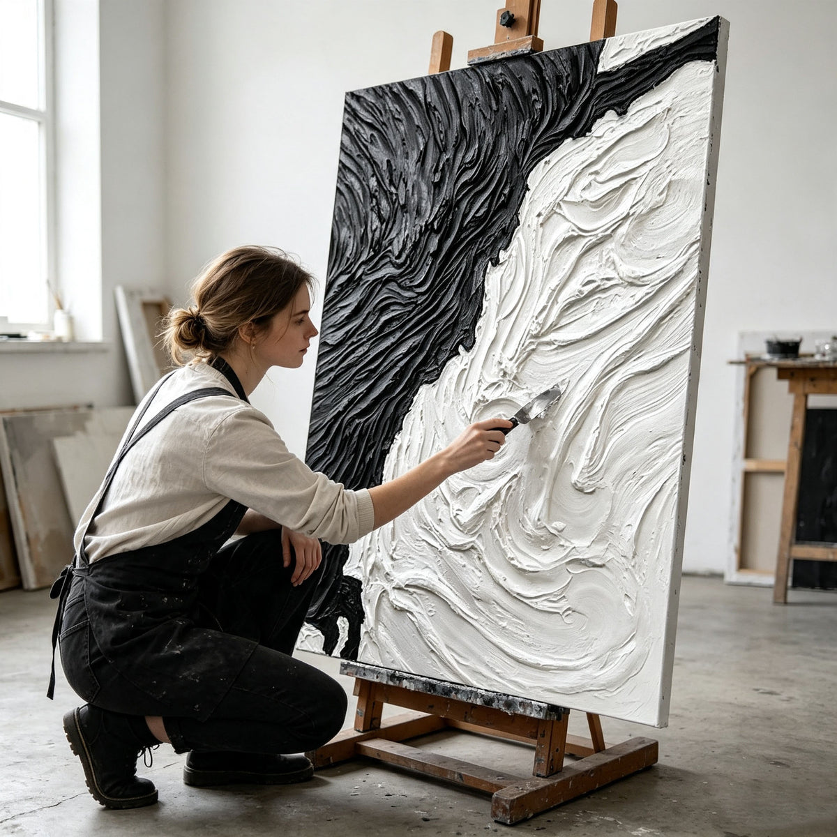 Black White Abstract Wall Art, Large Impasto Swirl Oil Painting, Textured Monochrome Canvas, Modern Office Art Decor