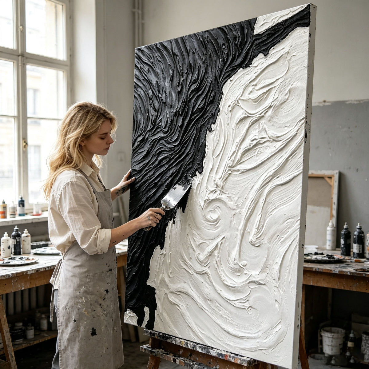 Black White Abstract Wall Art, Large Impasto Swirl Oil Painting, Textured Monochrome Canvas, Modern Office Art Decor