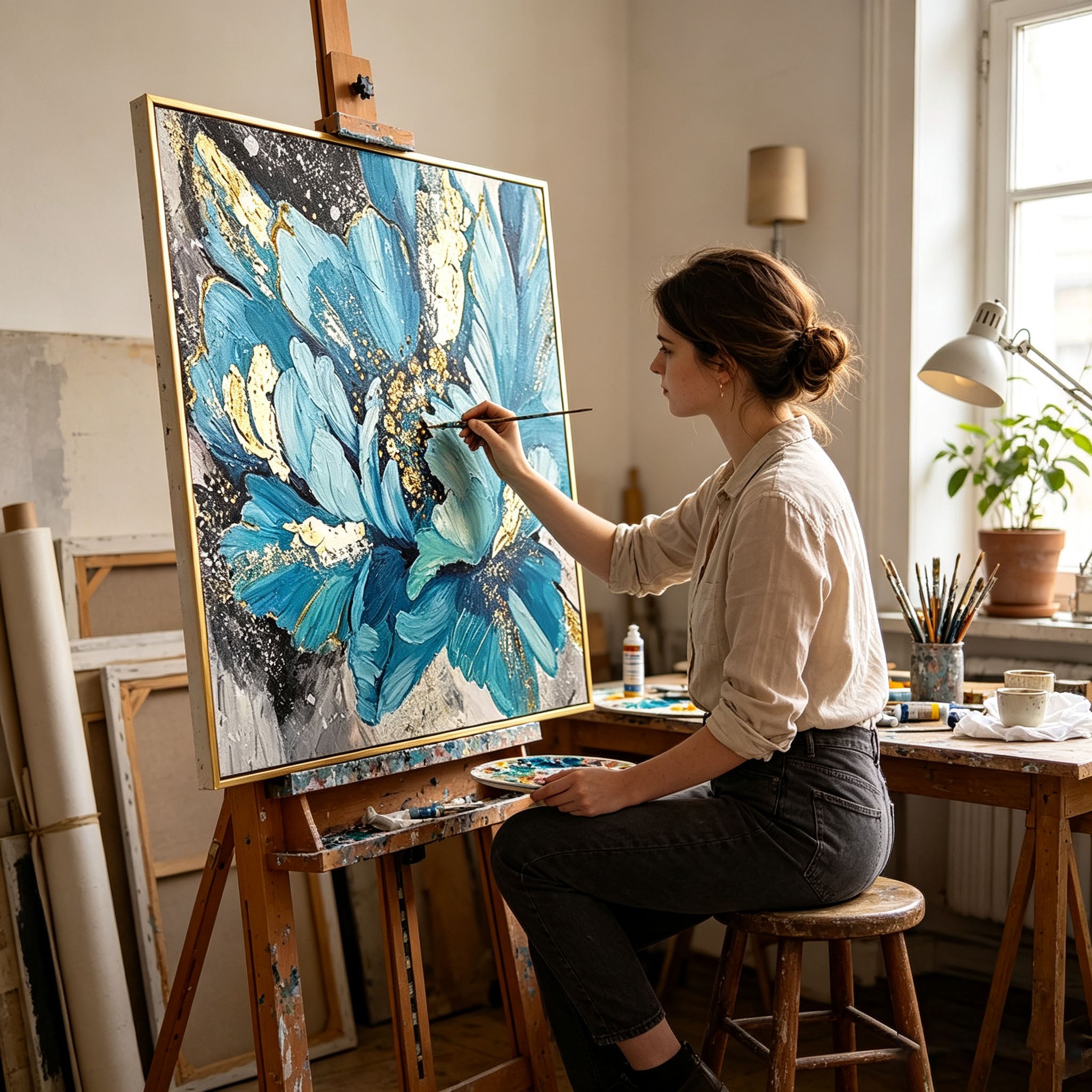 Thick Impasto Blue Flower Oil Painting, Gold Foil Textured Floral Canvas Wall Art, Modern Large Bloom Botanical Decor