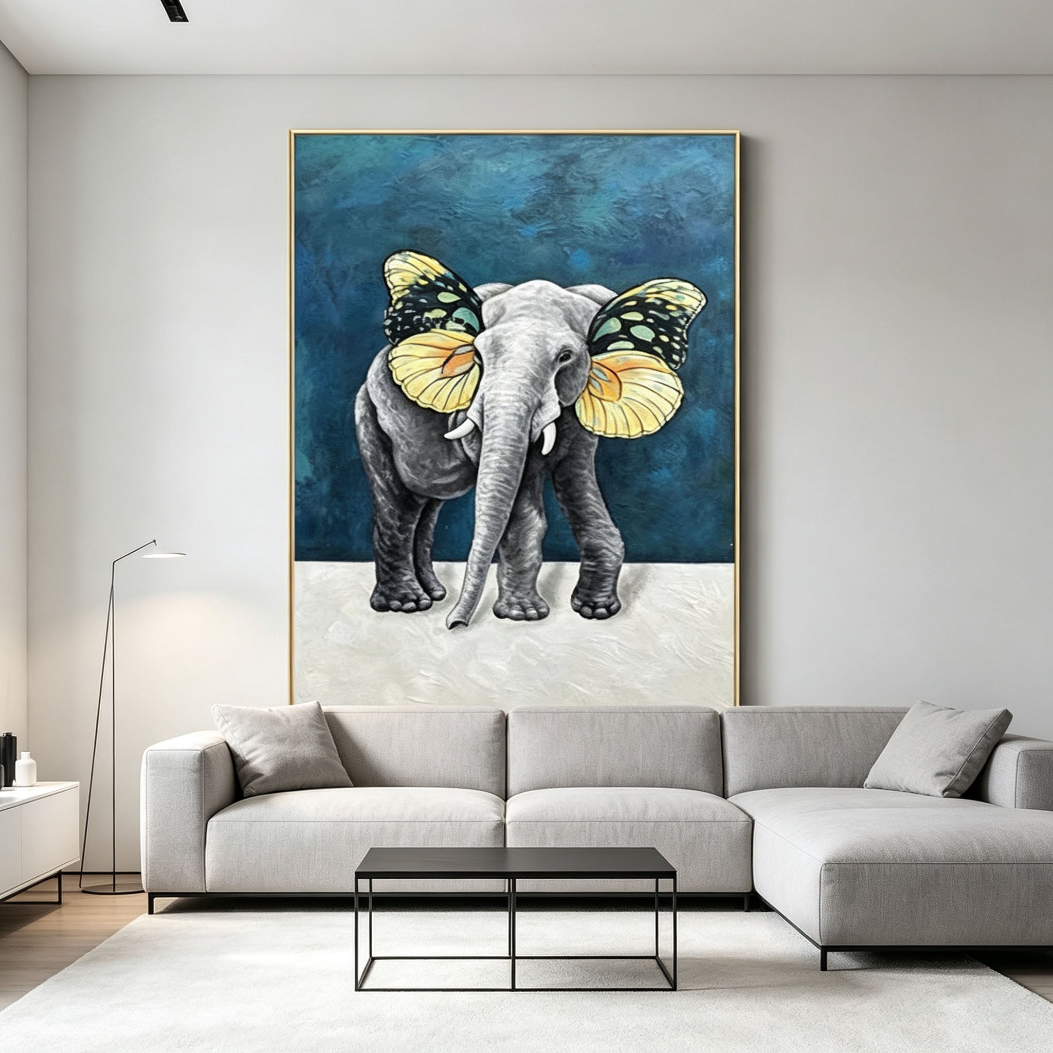 Elephant Butterfly Wall Art, Surreal Animal Oil Painting, Gold Frame Blue Green Abstract Canvas, Unique Modern Living Room Decor