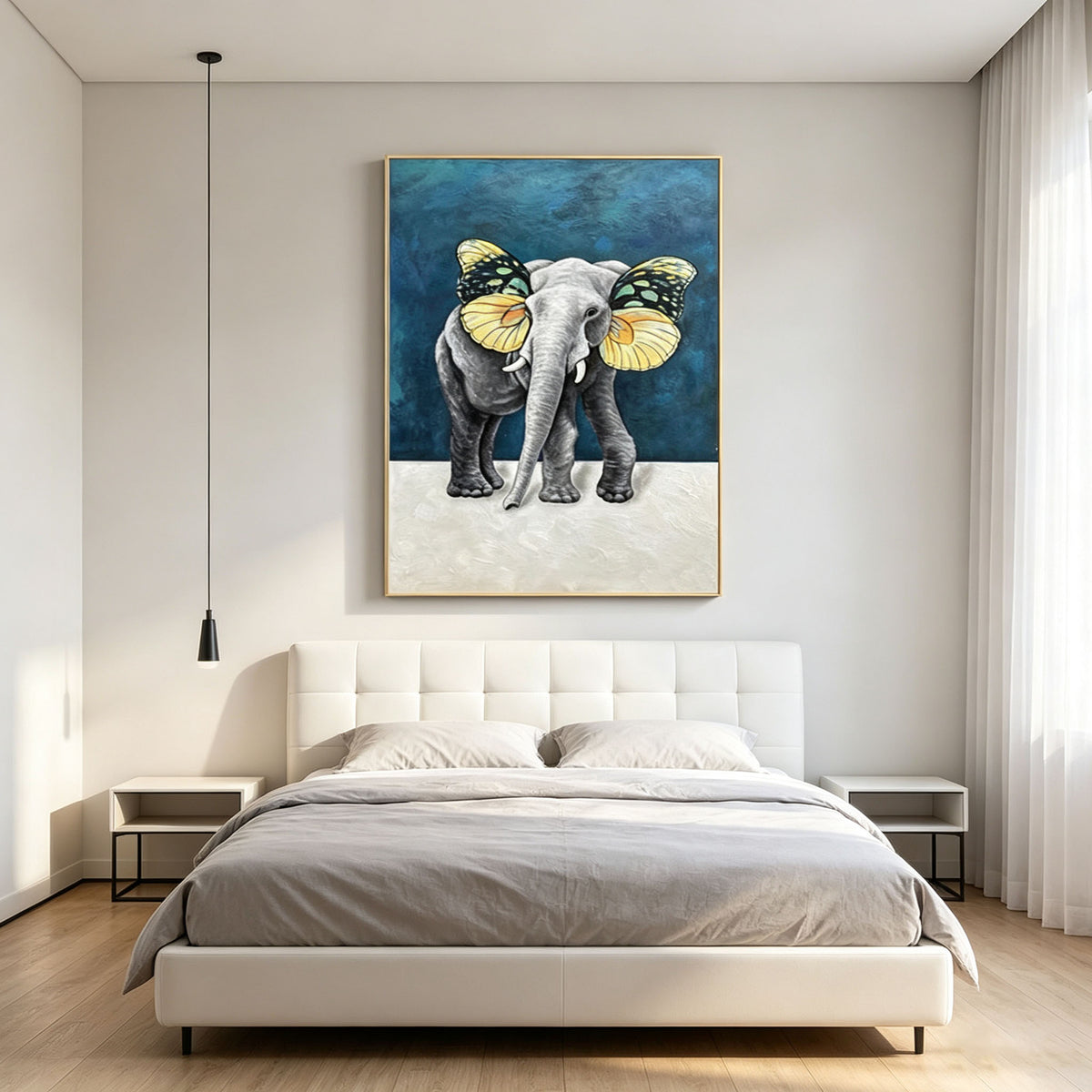 Elephant Butterfly Wall Art, Surreal Animal Oil Painting, Gold Frame Blue Green Abstract Canvas, Unique Modern Living Room Decor