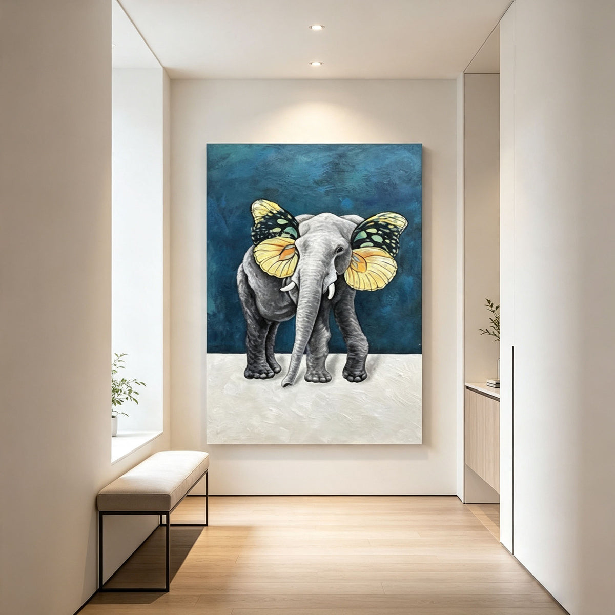 Elephant Butterfly Wall Art, Surreal Animal Oil Painting, Gold Frame Blue Green Abstract Canvas, Unique Modern Living Room Decor
