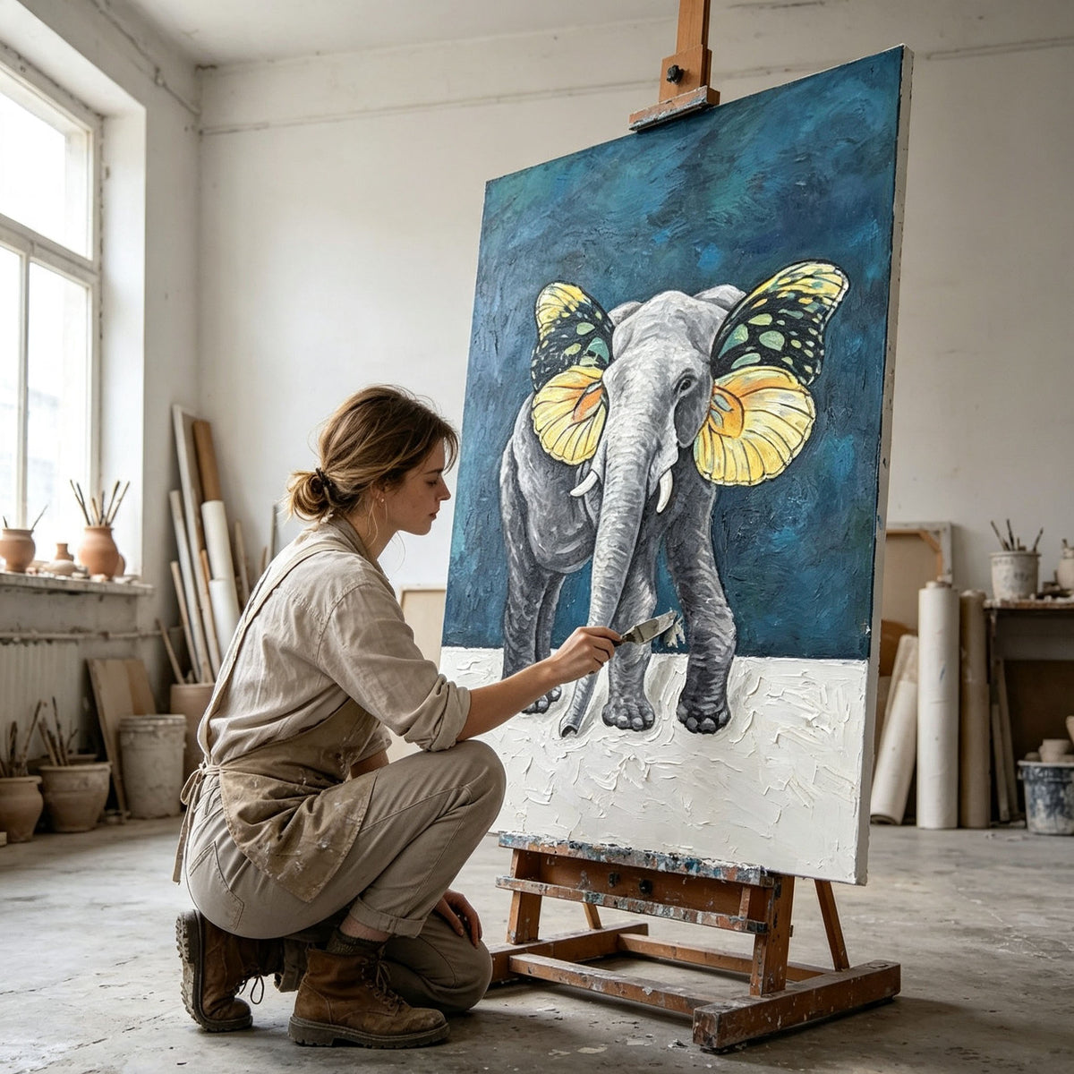 Elephant Butterfly Wall Art, Surreal Animal Oil Painting, Gold Frame Blue Green Abstract Canvas, Unique Modern Living Room Decor
