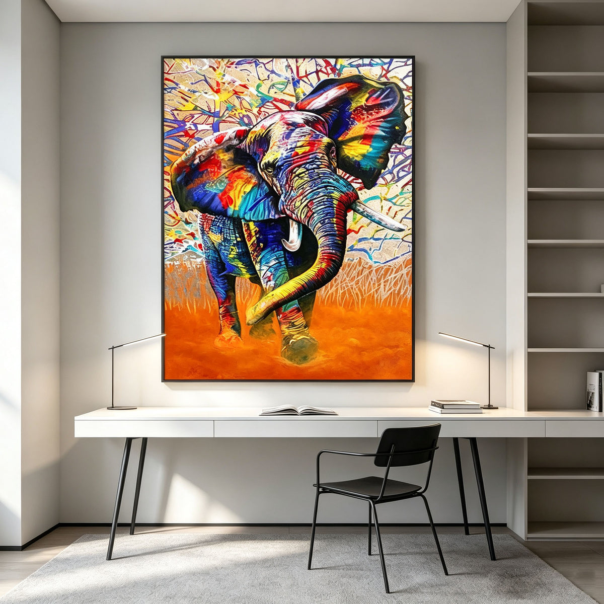 Colorful Elephant Wall Art, Graffiti Style Oil Painting, Multicolor Animal Canvas, Orange Abstract Background, Modern Study Decor