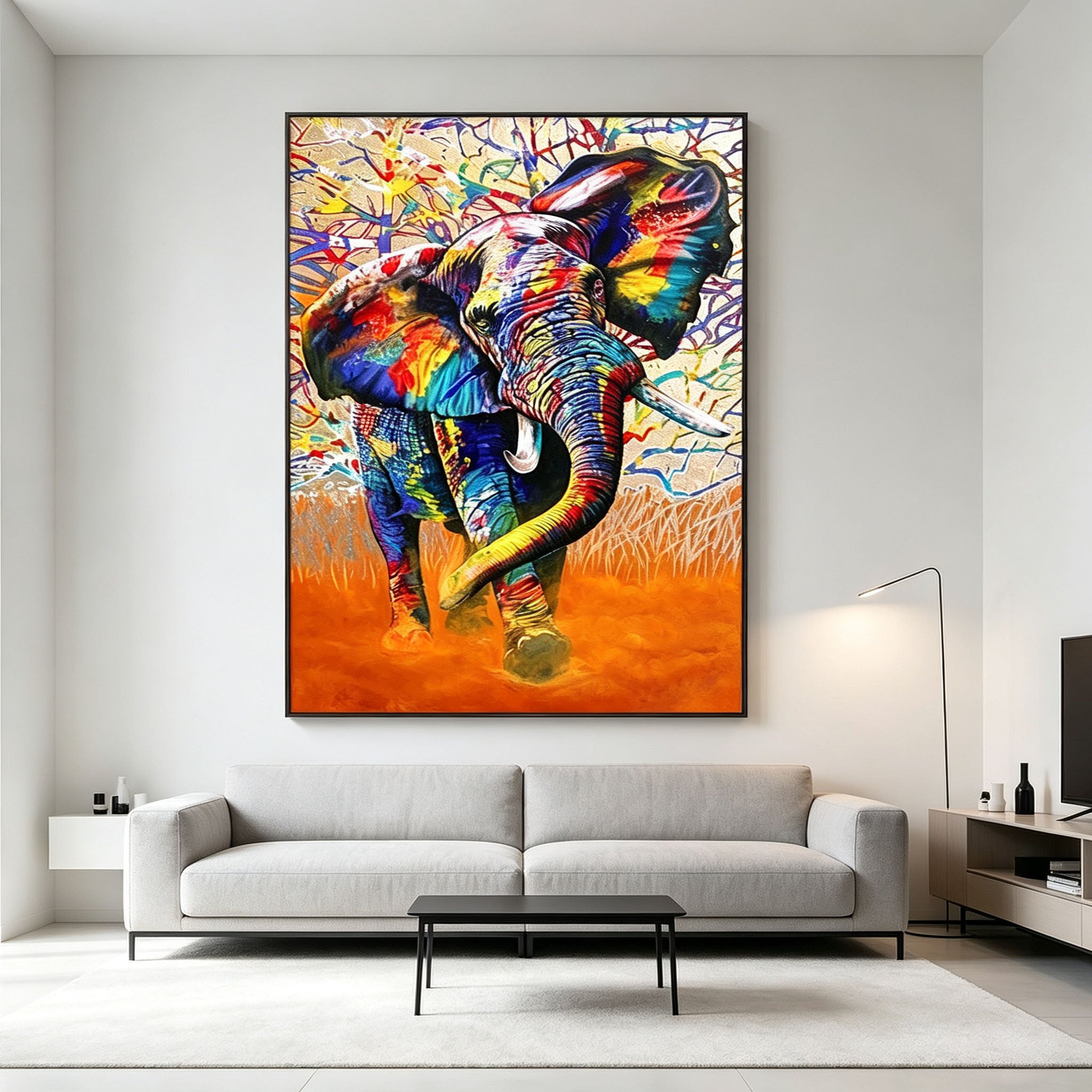 Colorful Elephant Wall Art, Graffiti Style Oil Painting, Multicolor Animal Canvas, Orange Abstract Background, Modern Study Decor