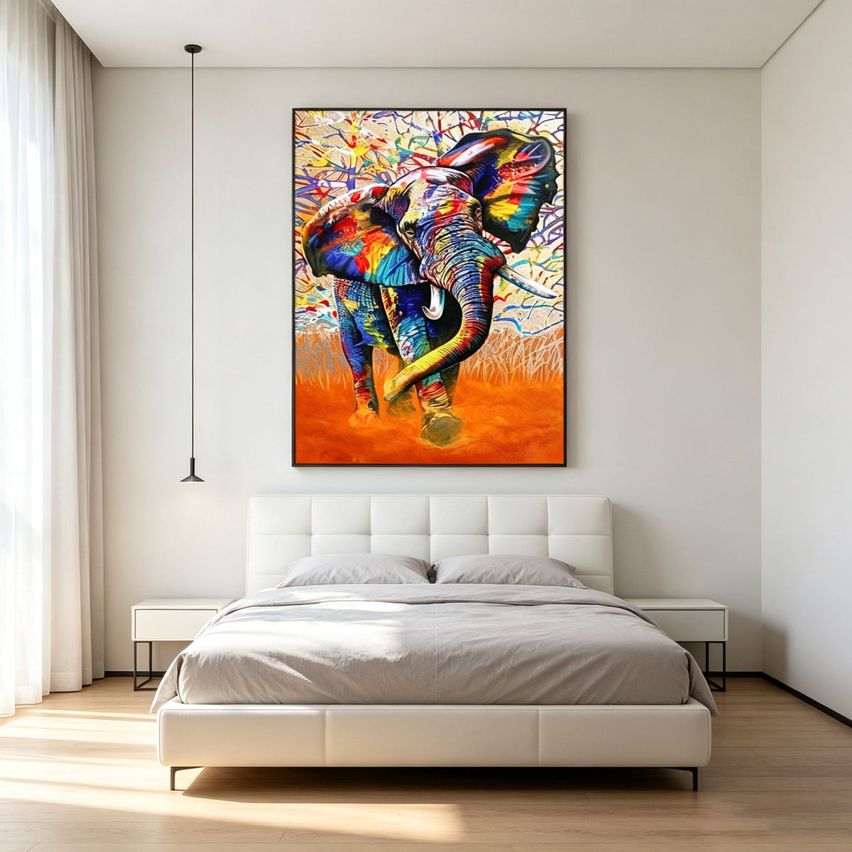 Colorful Elephant Wall Art, Graffiti Style Oil Painting, Multicolor Animal Canvas, Orange Abstract Background, Modern Study Decor