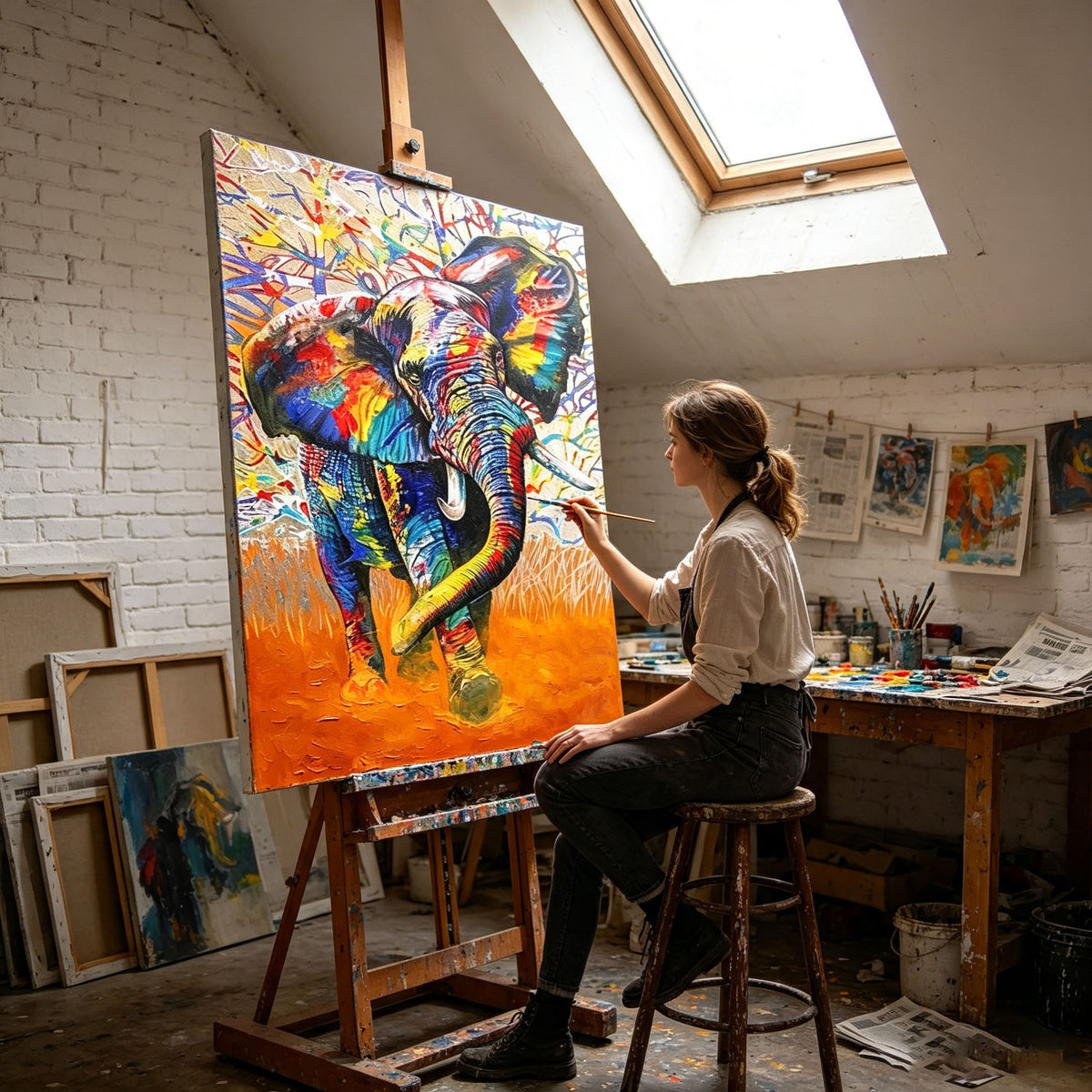 Colorful Elephant Wall Art, Graffiti Style Oil Painting, Multicolor Animal Canvas, Orange Abstract Background, Modern Study Decor