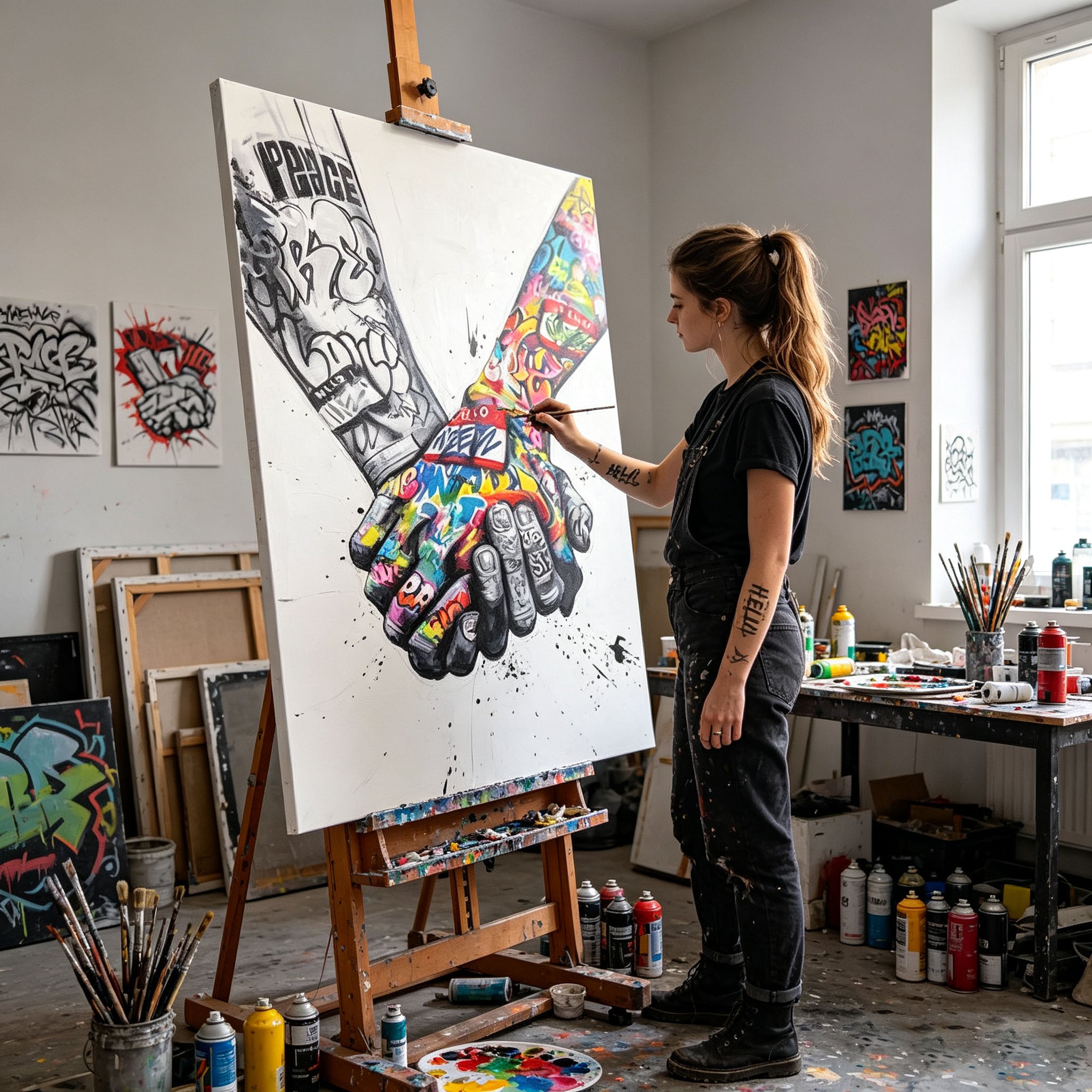 Graffiti Holding Hands Canvas Wall Art | Street Art Unity Peace Painting for Modern Home Decor