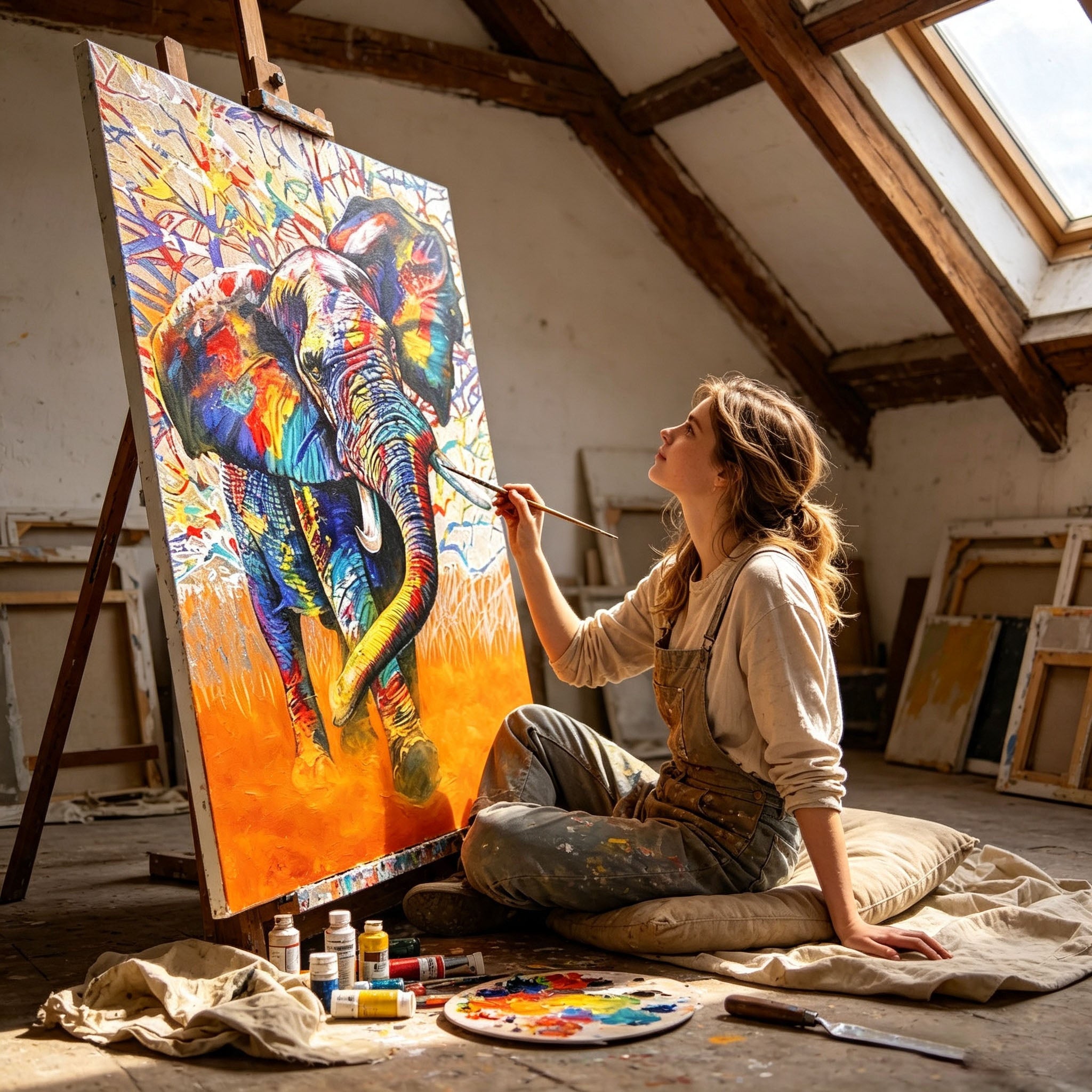 Colorful Elephant Wall Art, Graffiti Style Oil Painting, Multicolor Animal Canvas, Orange Abstract Background, Modern Study Decor