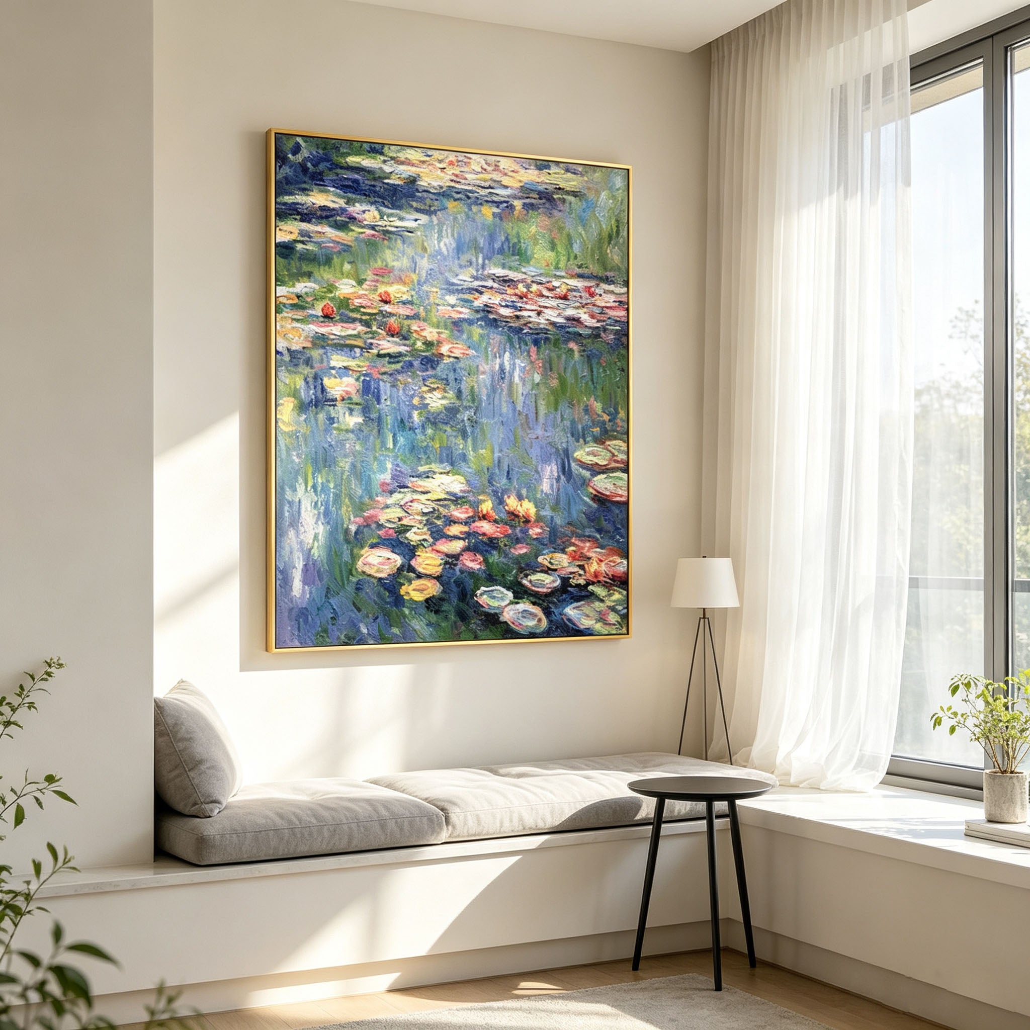 Monet Style Water Lily Wall Art, Impressionist Oil Painting, Blue Green Lotus Pond Canvas, Gold Frame Classic Living Room Decor