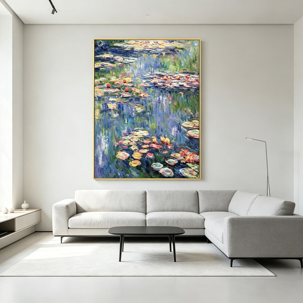 Monet Style Water Lily Wall Art, Impressionist Oil Painting, Blue Green Lotus Pond Canvas, Gold Frame Classic Living Room Decor