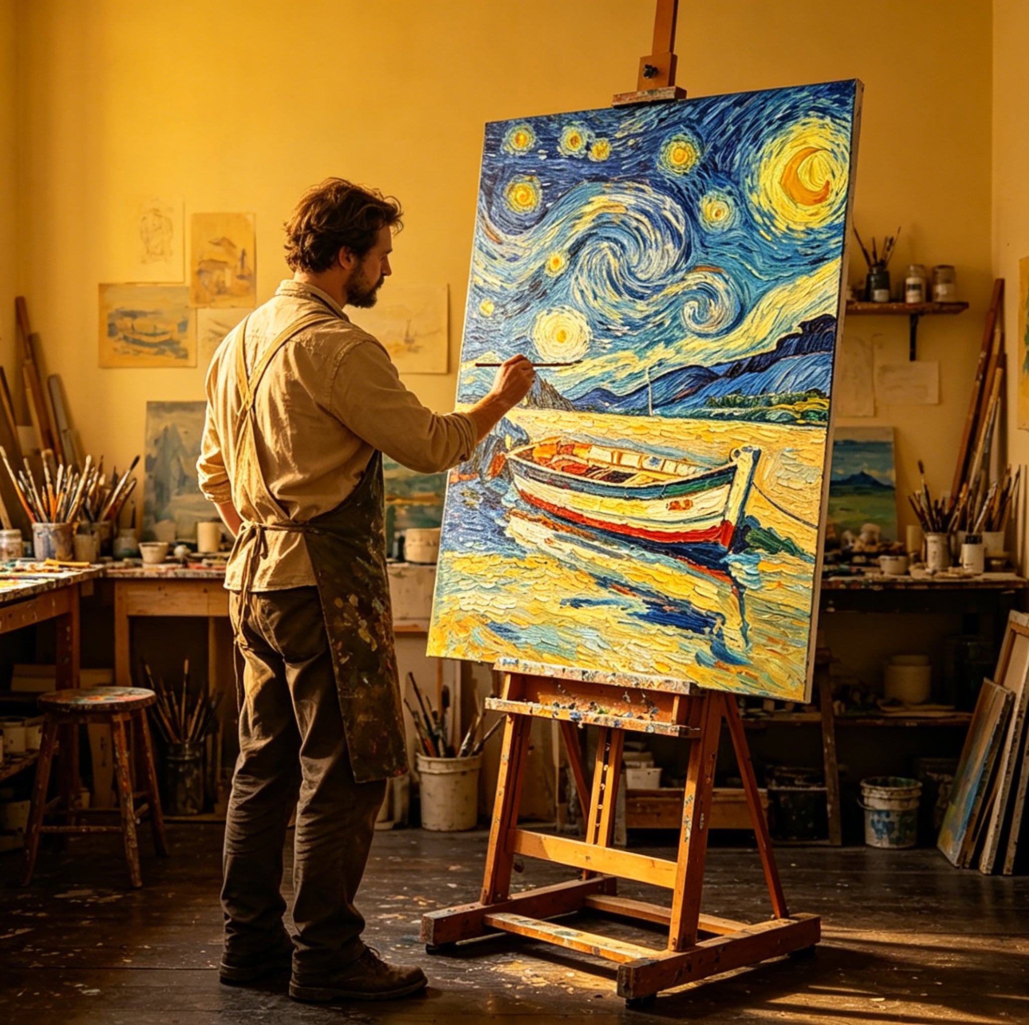 Stretched Hand-Painted "Starry Night Harbor" Oil Painting – Van Gogh-Inspired Impressionist Statement Canvas