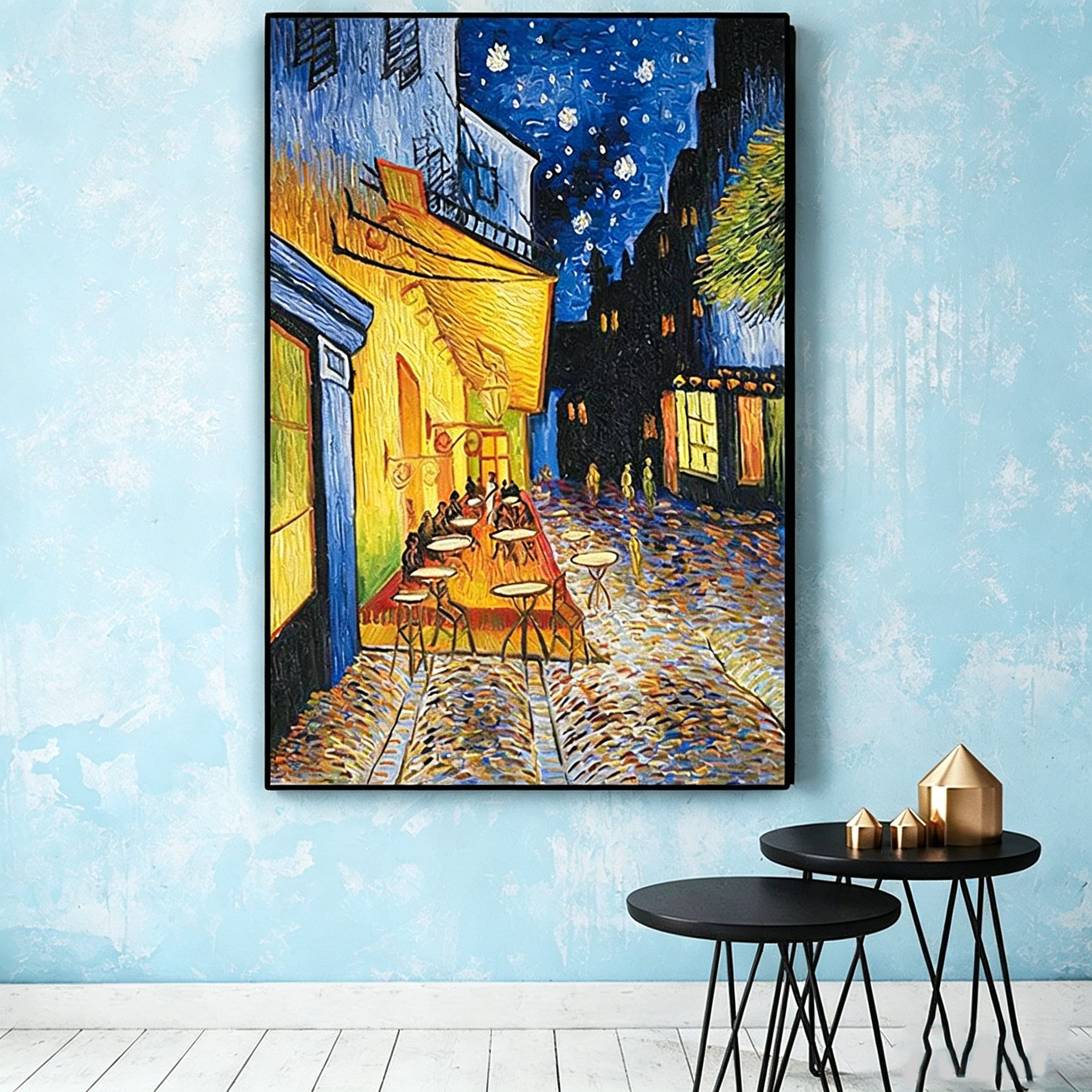 Hand‑Painted European Night Street Scene Oil Painting | Vintage Cobblestone Terrace Wall Art