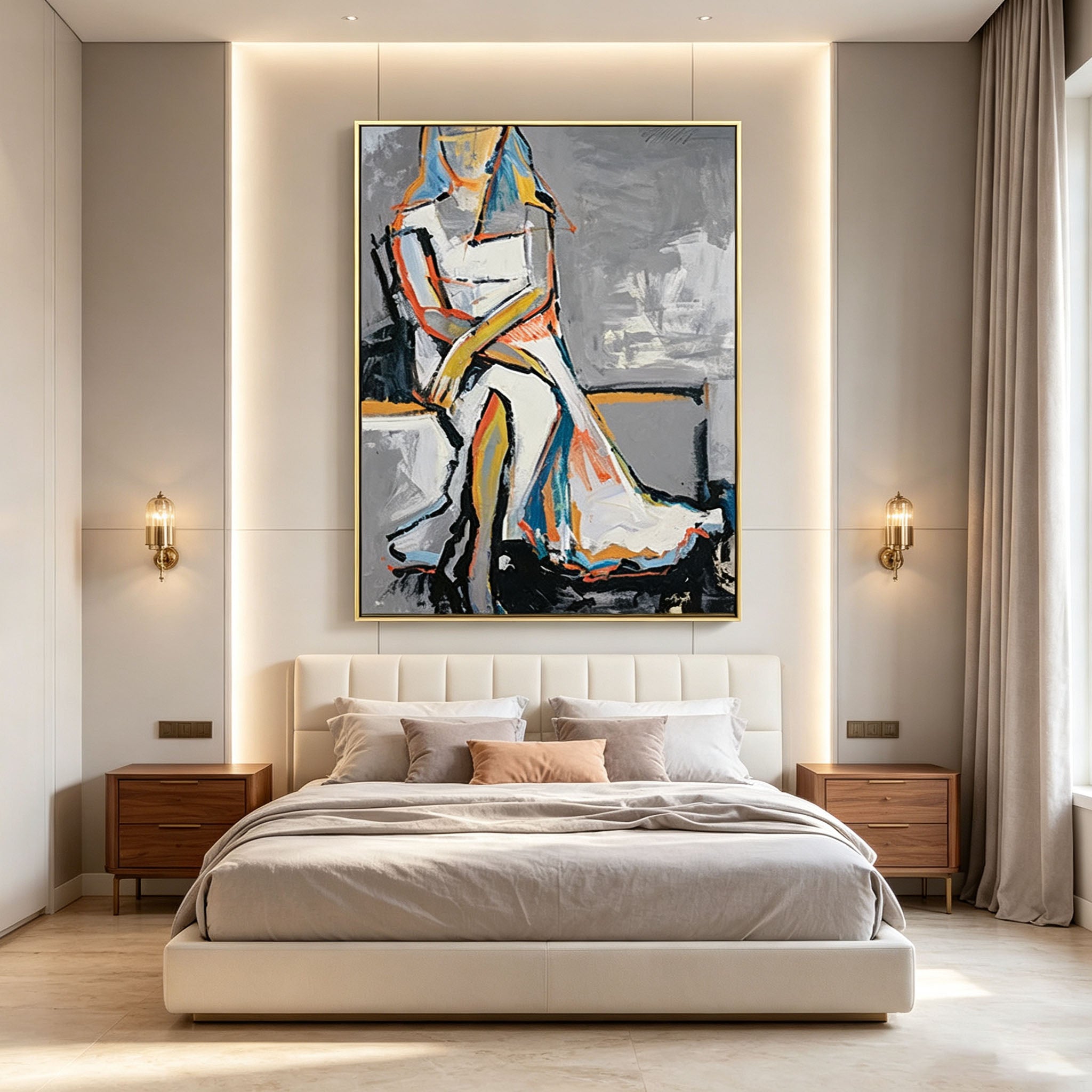Abstract Figure Wall Art, Gold Frame Oil Painting, Gray White Blue Orange Yellow Portrait Canvas, Luxury Bedroom Wall Decor