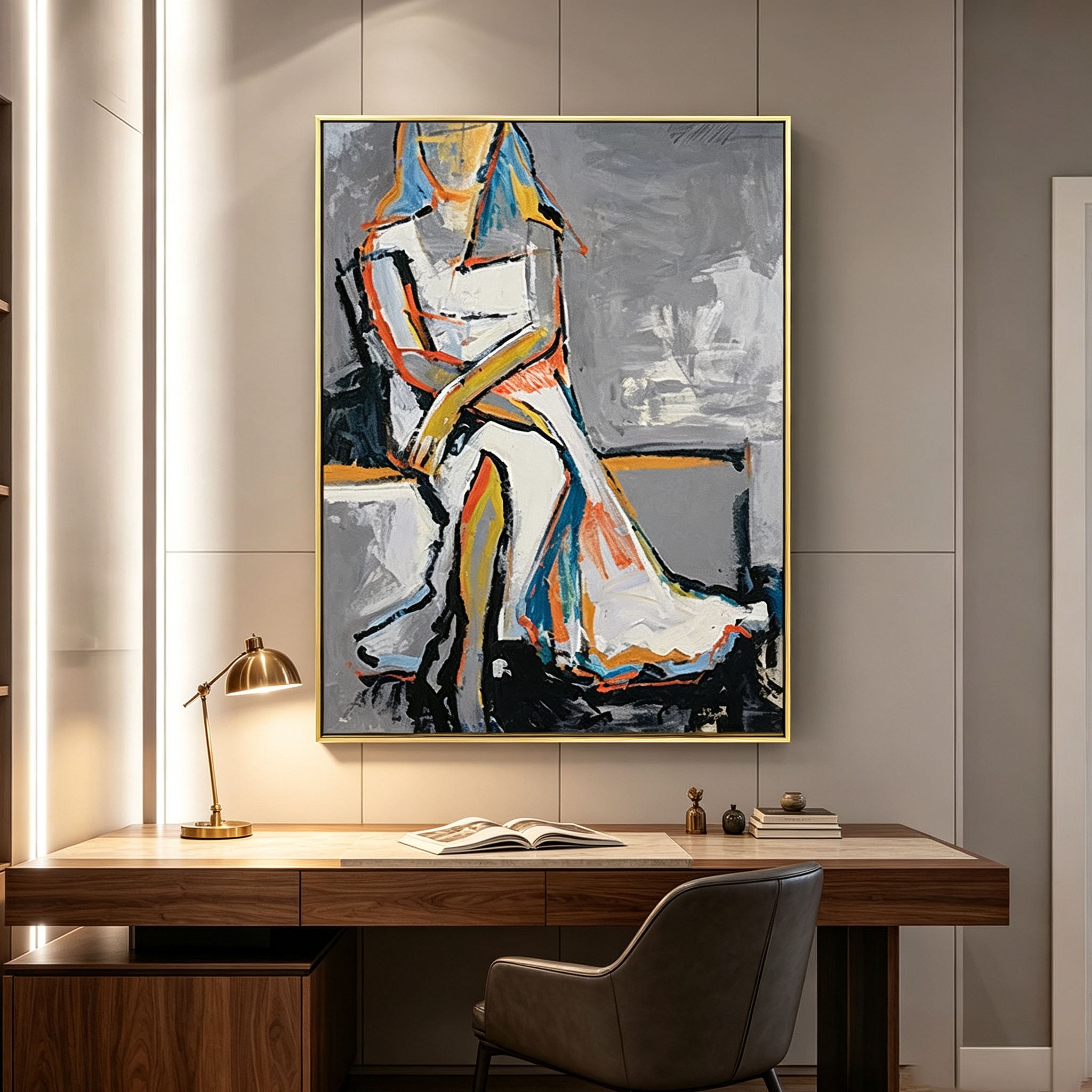 Abstract Figure Wall Art, Gold Frame Oil Painting, Gray White Blue Orange Yellow Portrait Canvas, Luxury Bedroom Wall Decor