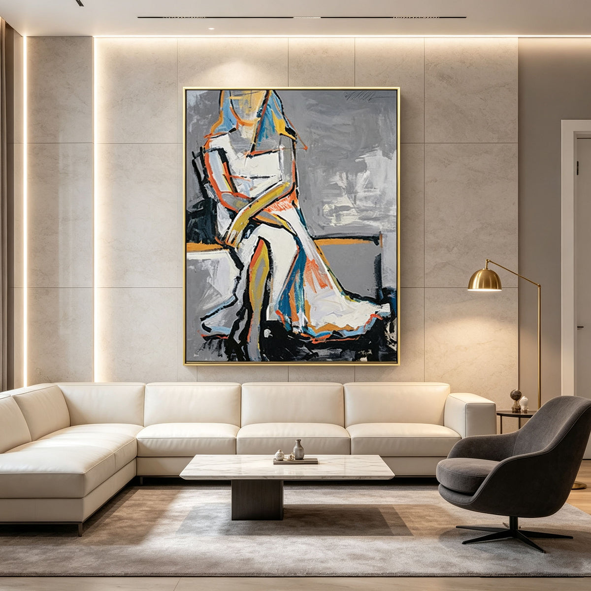 Abstract Figure Wall Art, Gold Frame Oil Painting, Gray White Blue Orange Yellow Portrait Canvas, Luxury Bedroom Wall Decor