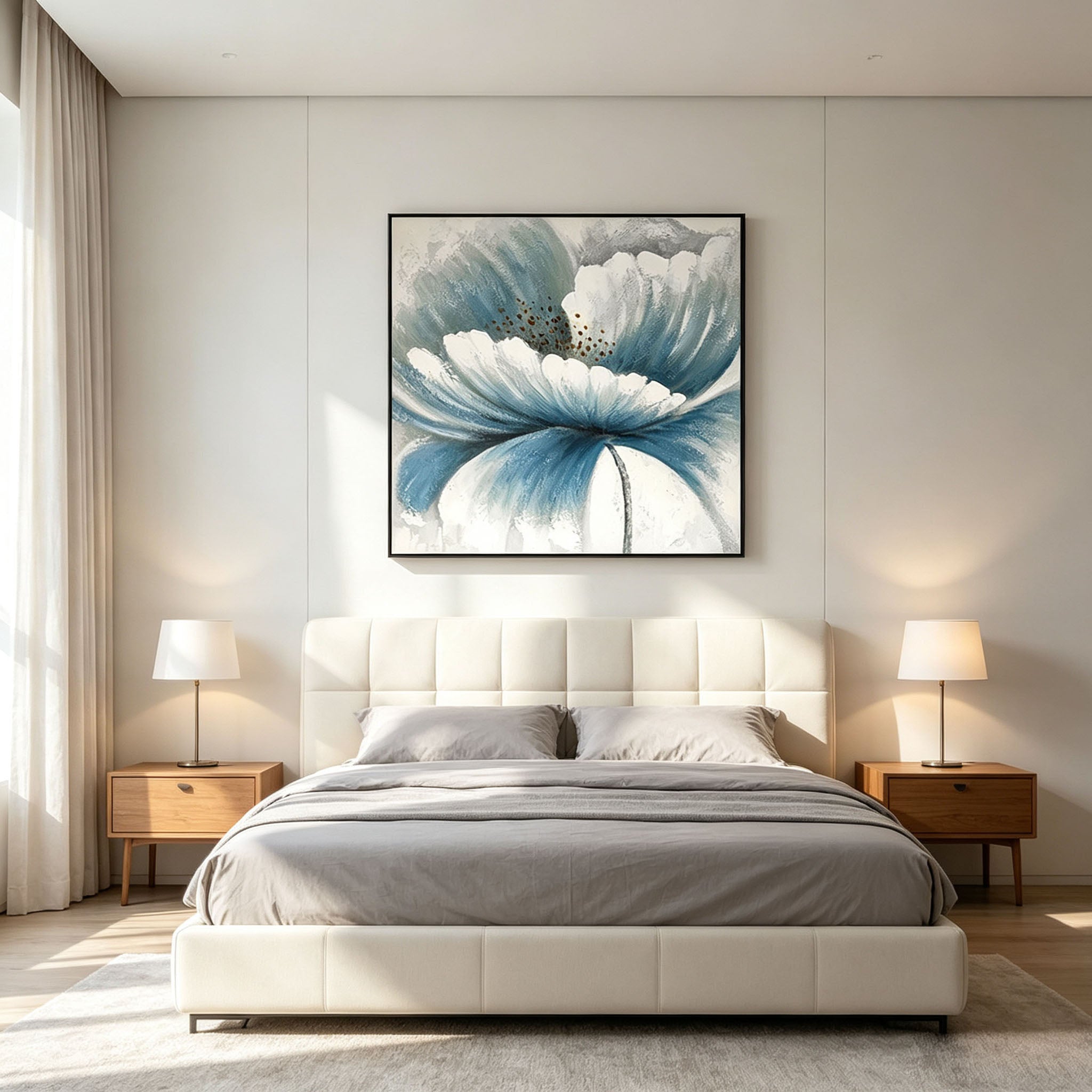Textured Blue White Flower Oil Painting, Hand Painted Large Bloom Floral Canvas Wall Art, Neutral Botanical Entryway Decor