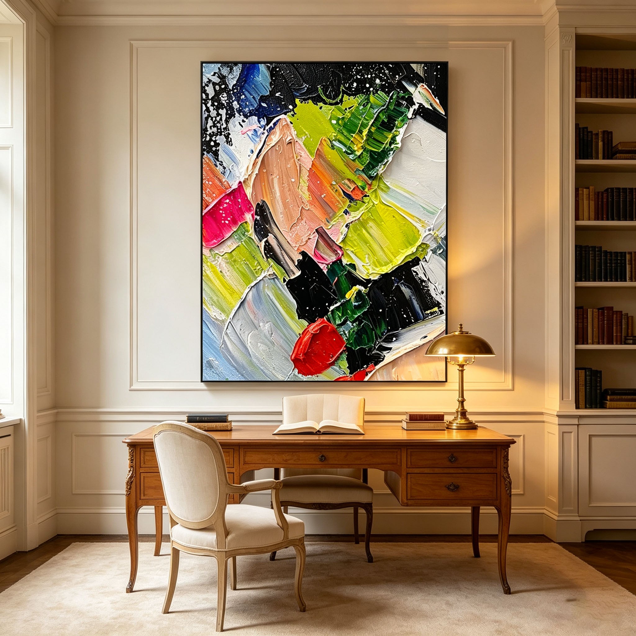 Colorful Abstract Wall Art, Thick Impasto Oil Painting, Multicolor Expressive Canvas, Black White Blue Green Art, Study Decor