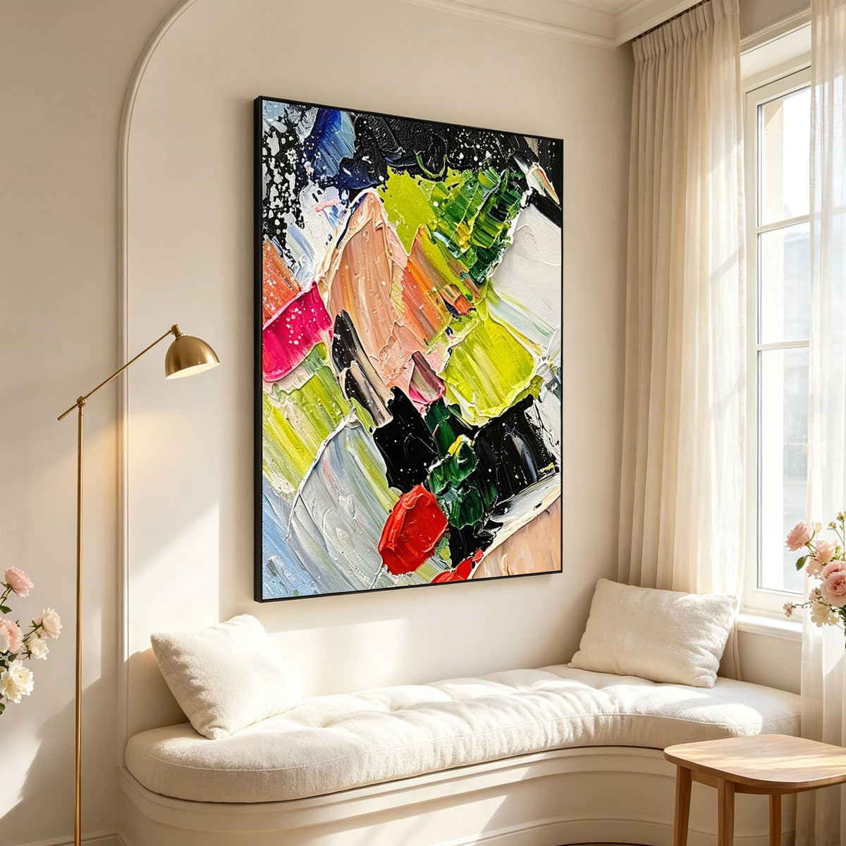 Colorful Abstract Wall Art, Thick Impasto Oil Painting, Multicolor Expressive Canvas, Black White Blue Green Art, Study Decor