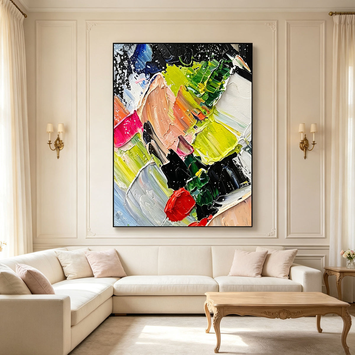 Colorful Abstract Wall Art, Thick Impasto Oil Painting, Multicolor Expressive Canvas, Black White Blue Green Art, Study Decor