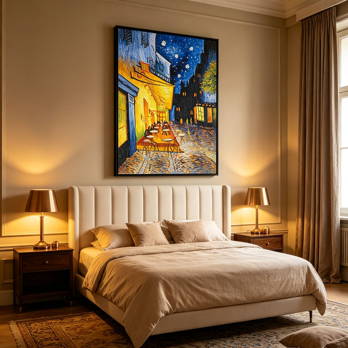 Van Gogh Style Night Cafe Wall Art, Starry Night Oil Painting, Yellow Blue Impressionist Canvas, Black Frame Classic Study Decor