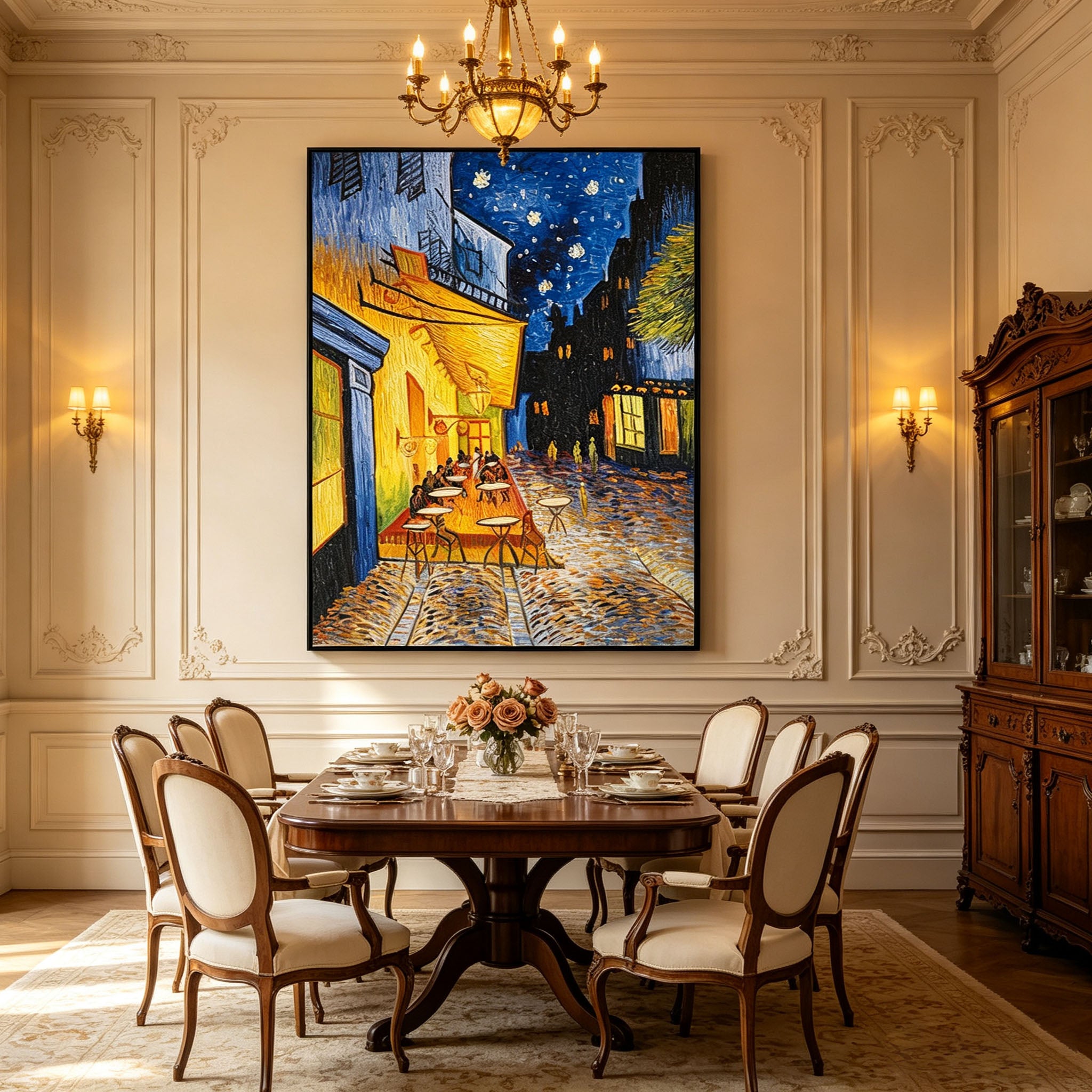 Van Gogh Style Night Cafe Wall Art, Starry Night Oil Painting, Yellow Blue Impressionist Canvas, Black Frame Classic Study Decor