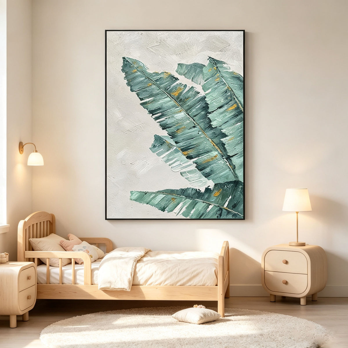 Textured Banana Leaf Canvas Wall Art, Green Tropical Plant Oil Painting for Living Room Home Decor