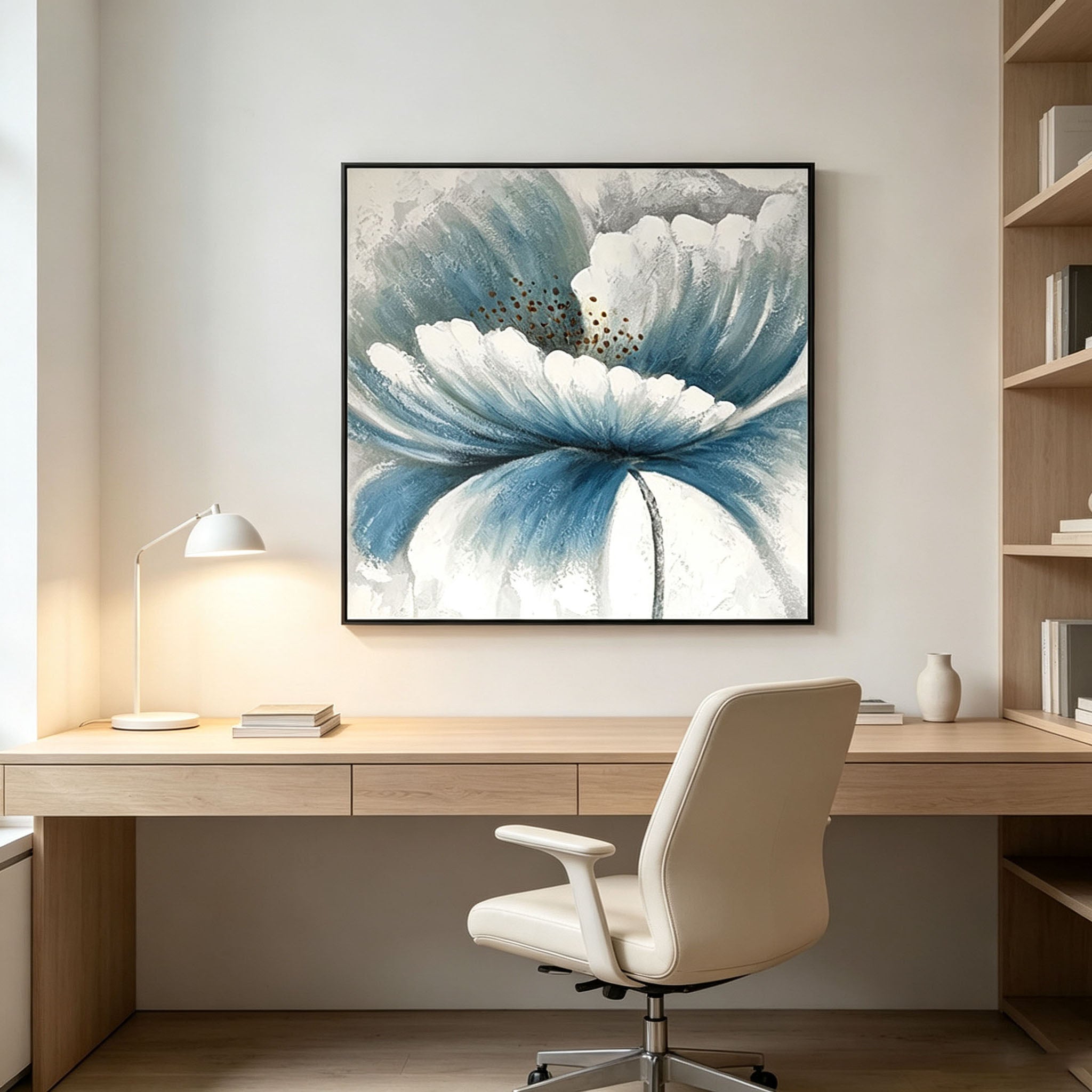 Textured Blue White Flower Oil Painting, Hand Painted Large Bloom Floral Canvas Wall Art, Neutral Botanical Entryway Decor