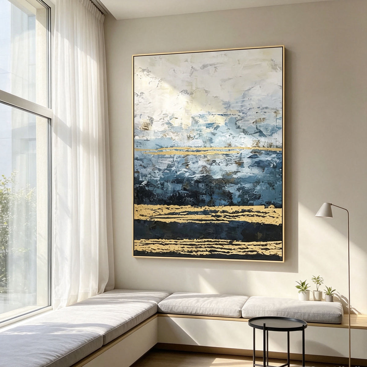 Blue Black White Abstract Wall Art, Gold Line Vertical Oil Painting, Gold Frame Modern Canvas, Minimalist Dining Room Decor
