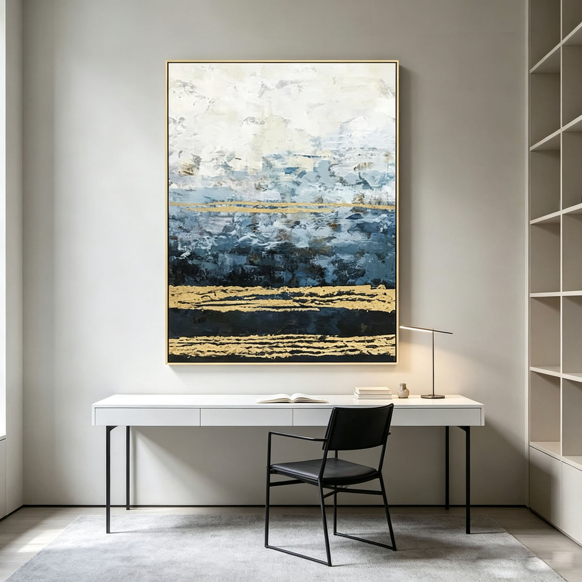 Blue Black White Abstract Wall Art, Gold Line Vertical Oil Painting, Gold Frame Modern Canvas, Minimalist Dining Room Decor