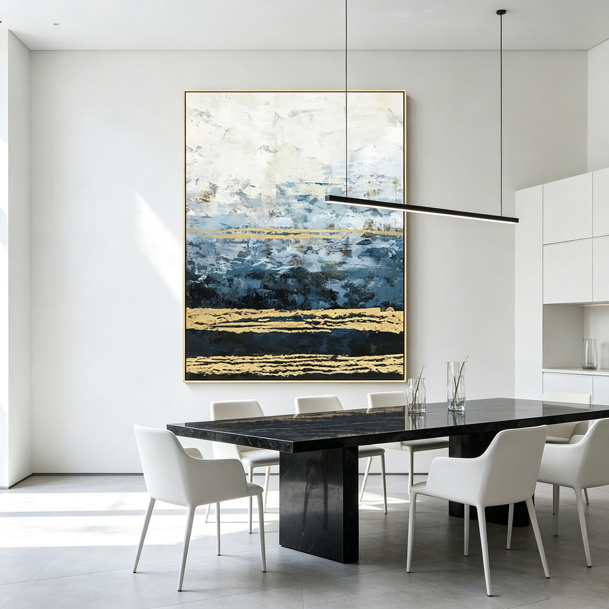 Blue Black White Abstract Wall Art, Gold Line Vertical Oil Painting, Gold Frame Modern Canvas, Minimalist Dining Room Decor