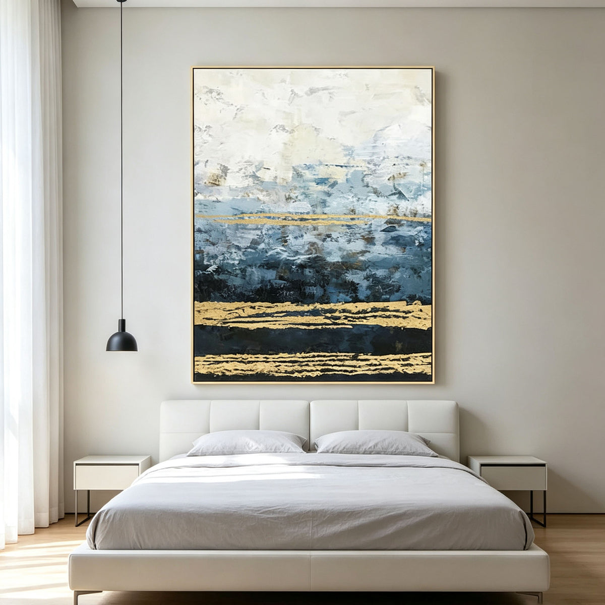 Blue Black White Abstract Wall Art, Gold Line Vertical Oil Painting, Gold Frame Modern Canvas, Minimalist Dining Room Decor
