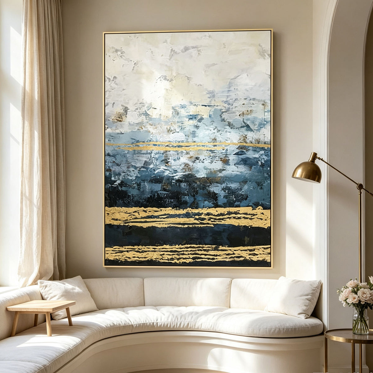 Blue Black White Abstract Wall Art, Gold Line Vertical Oil Painting, Gold Frame Modern Canvas, Minimalist Dining Room Decor