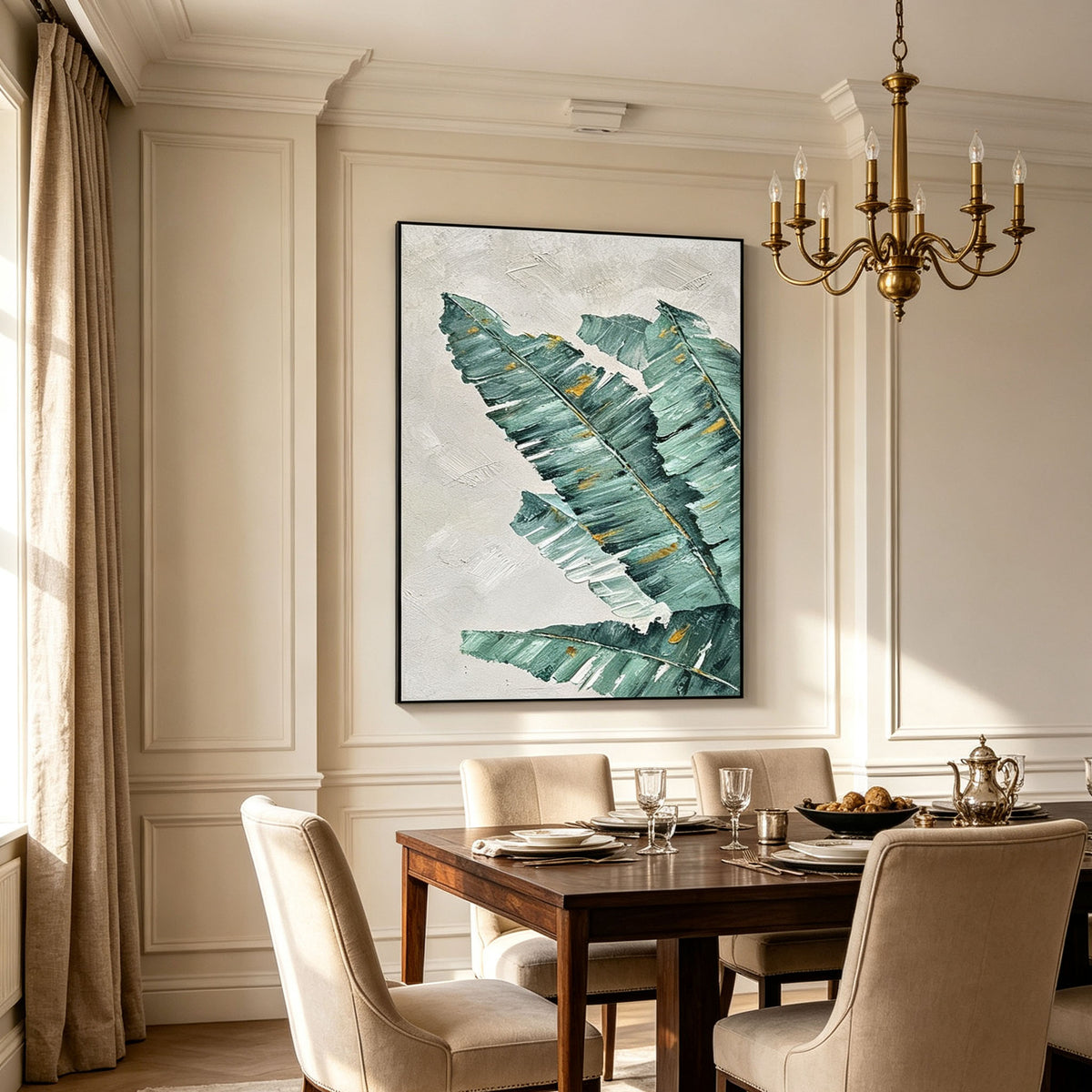 Textured Banana Leaf Canvas Wall Art, Green Tropical Plant Oil Painting for Living Room Home Decor