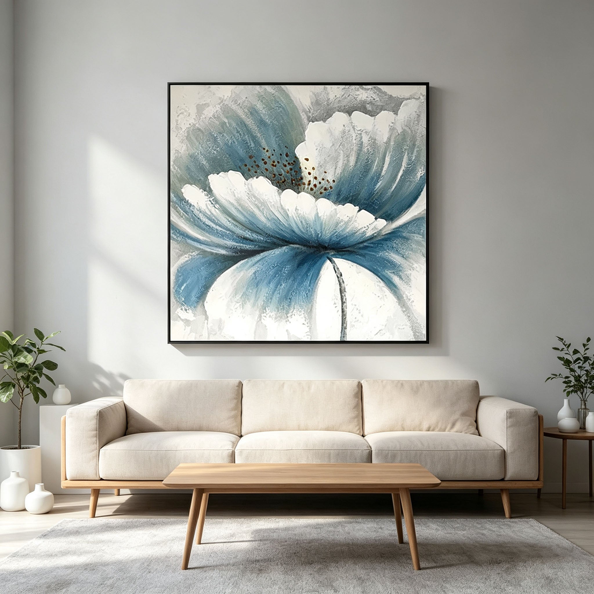 Textured Blue White Flower Oil Painting, Hand Painted Large Bloom Floral Canvas Wall Art, Neutral Botanical Entryway Decor