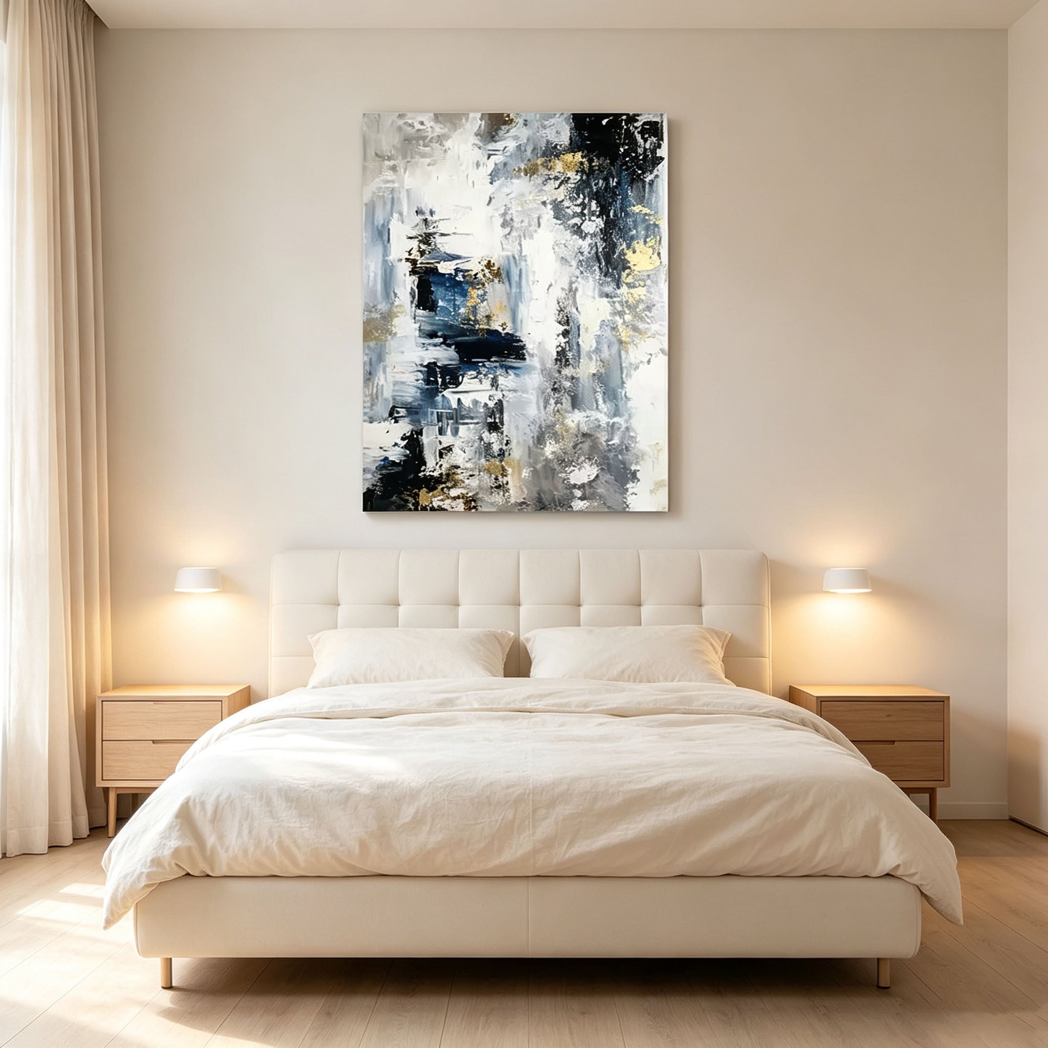 Black White Blue Abstract Wall Art, Gold Texture Oil Painting, Layered Canvas, Modern Home Office Study Wall Decor
