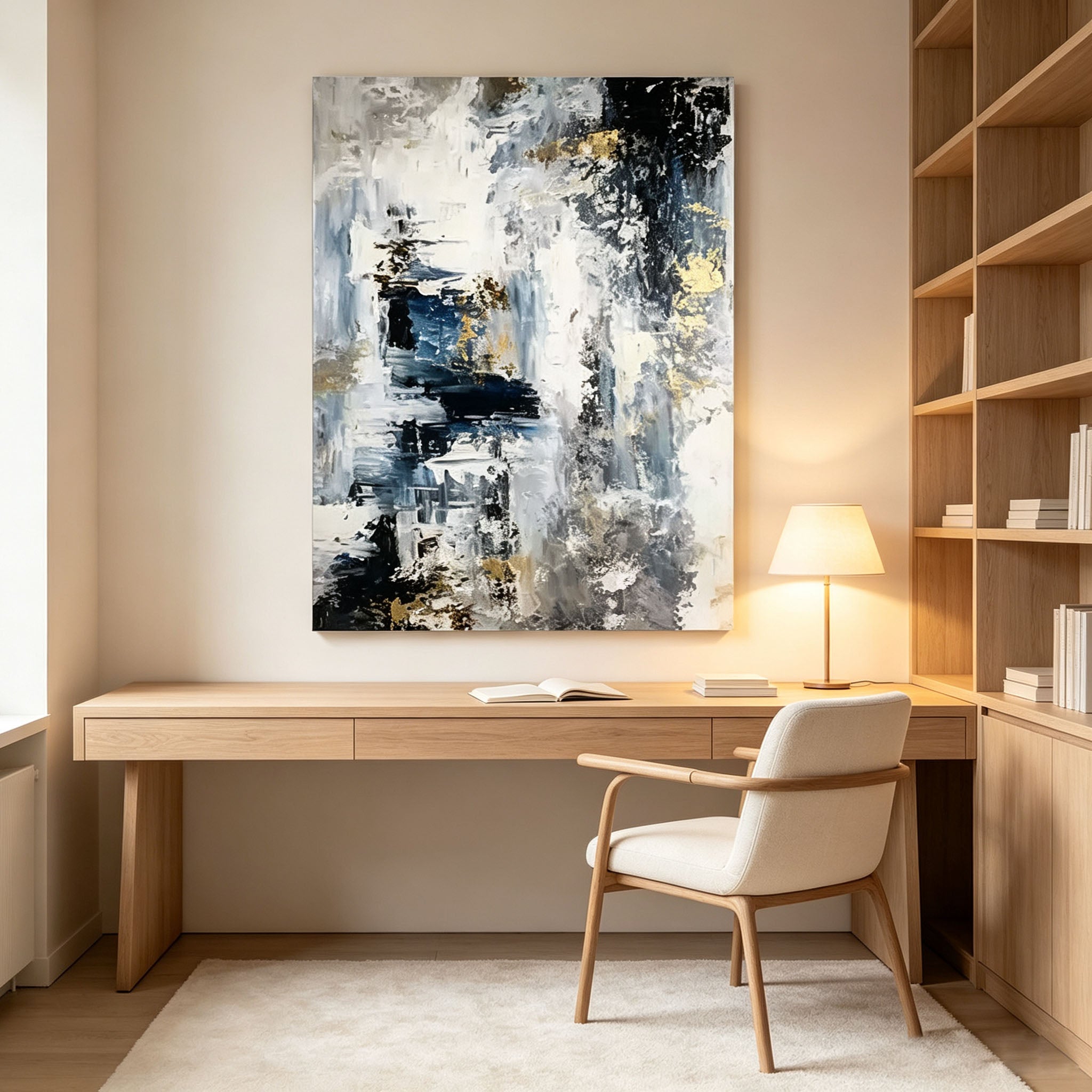 Black White Blue Abstract Wall Art, Gold Texture Oil Painting, Layered Canvas, Modern Home Office Study Wall Decor