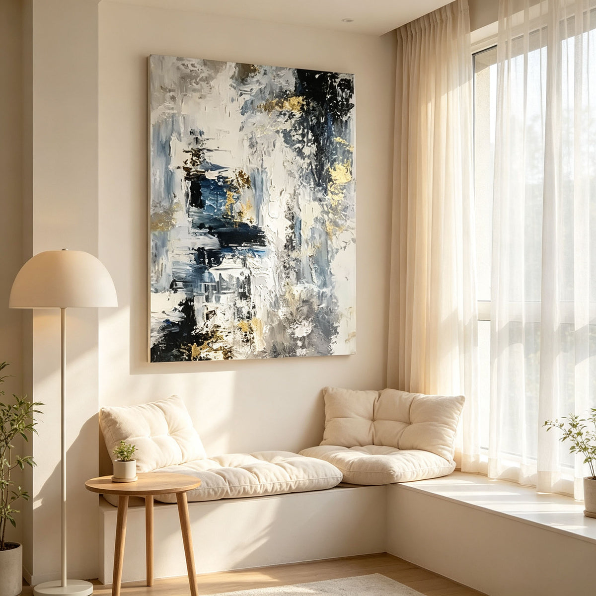 Black White Blue Abstract Wall Art, Gold Texture Oil Painting, Layered Canvas, Modern Home Office Study Wall Decor