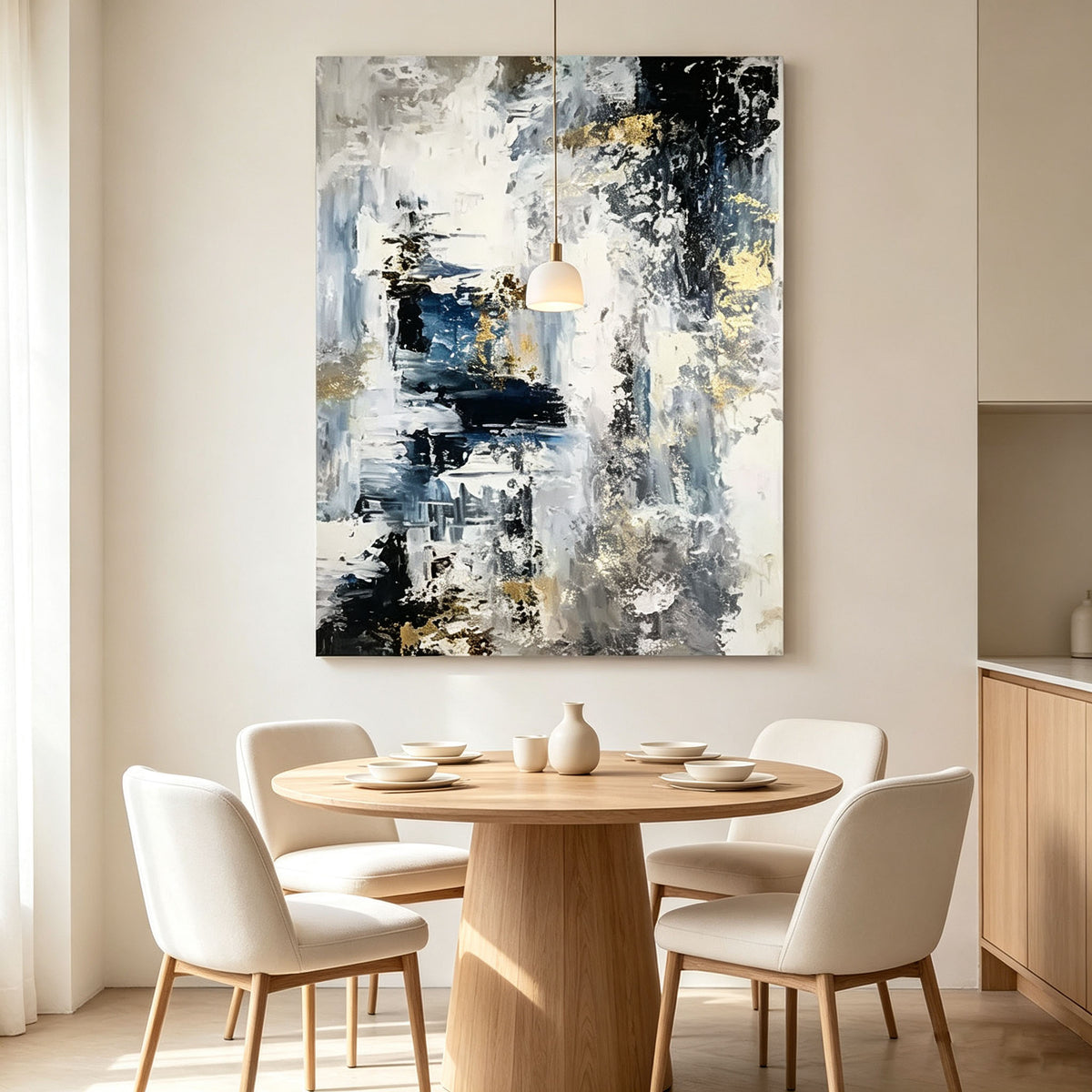 Black White Blue Abstract Wall Art, Gold Texture Oil Painting, Layered Canvas, Modern Home Office Study Wall Decor