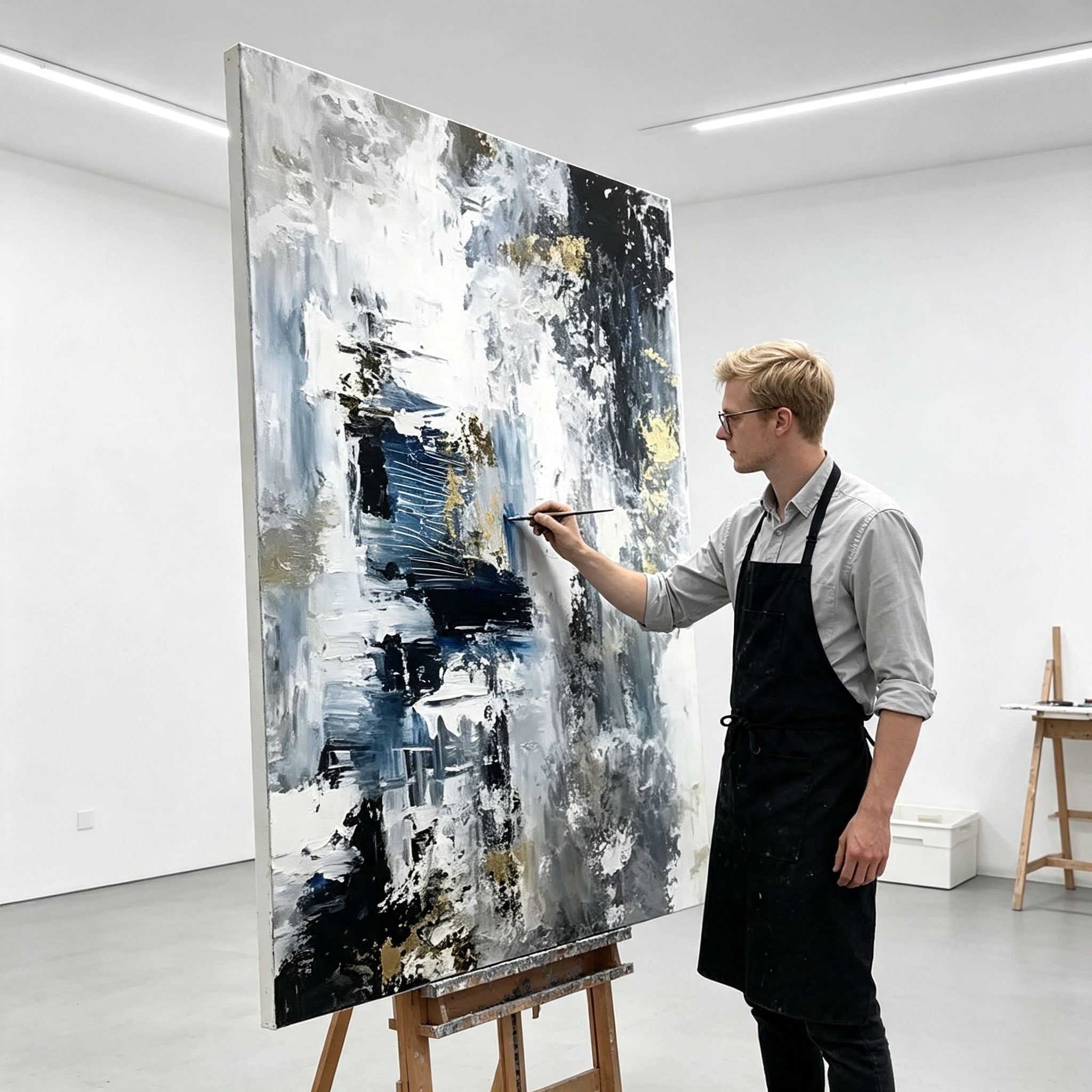 Black White Blue Abstract Wall Art, Gold Texture Oil Painting, Layered Canvas, Modern Home Office Study Wall Decor