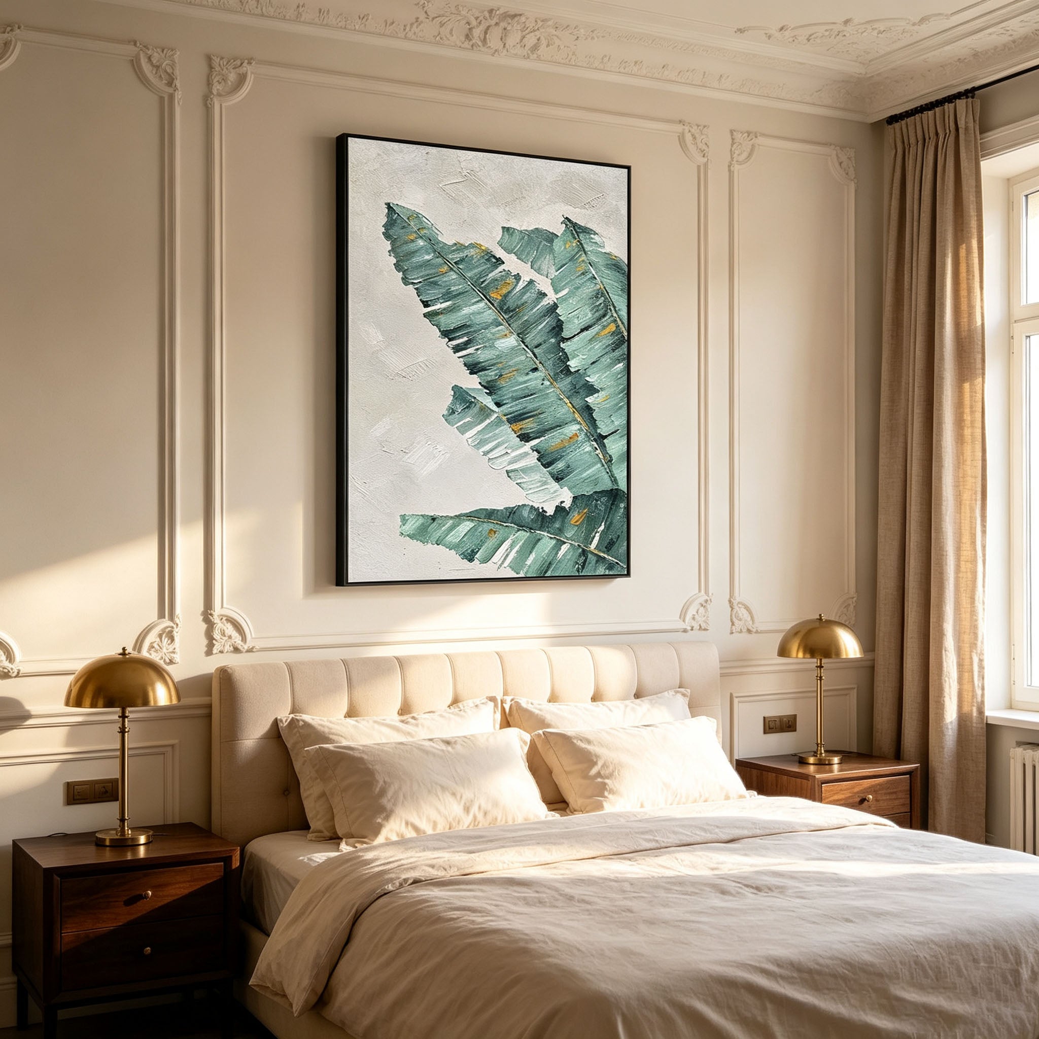 Textured Banana Leaf Canvas Wall Art, Green Tropical Plant Oil Painting for Living Room Home Decor