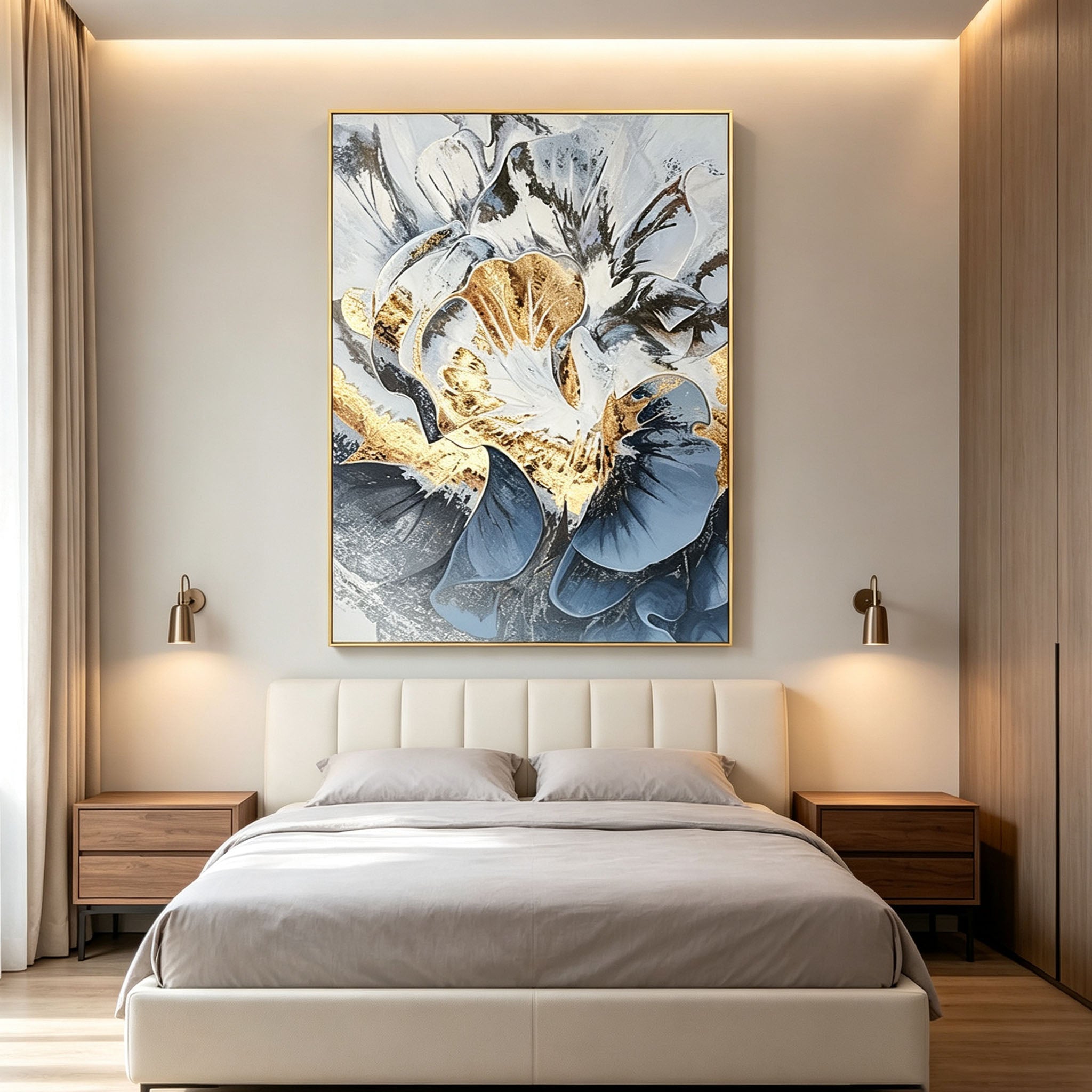 Abstract Floral Wall Art, Gold Frame Oil Painting, White Blue Gold Black Textured Canvas, Luxury Office Decor