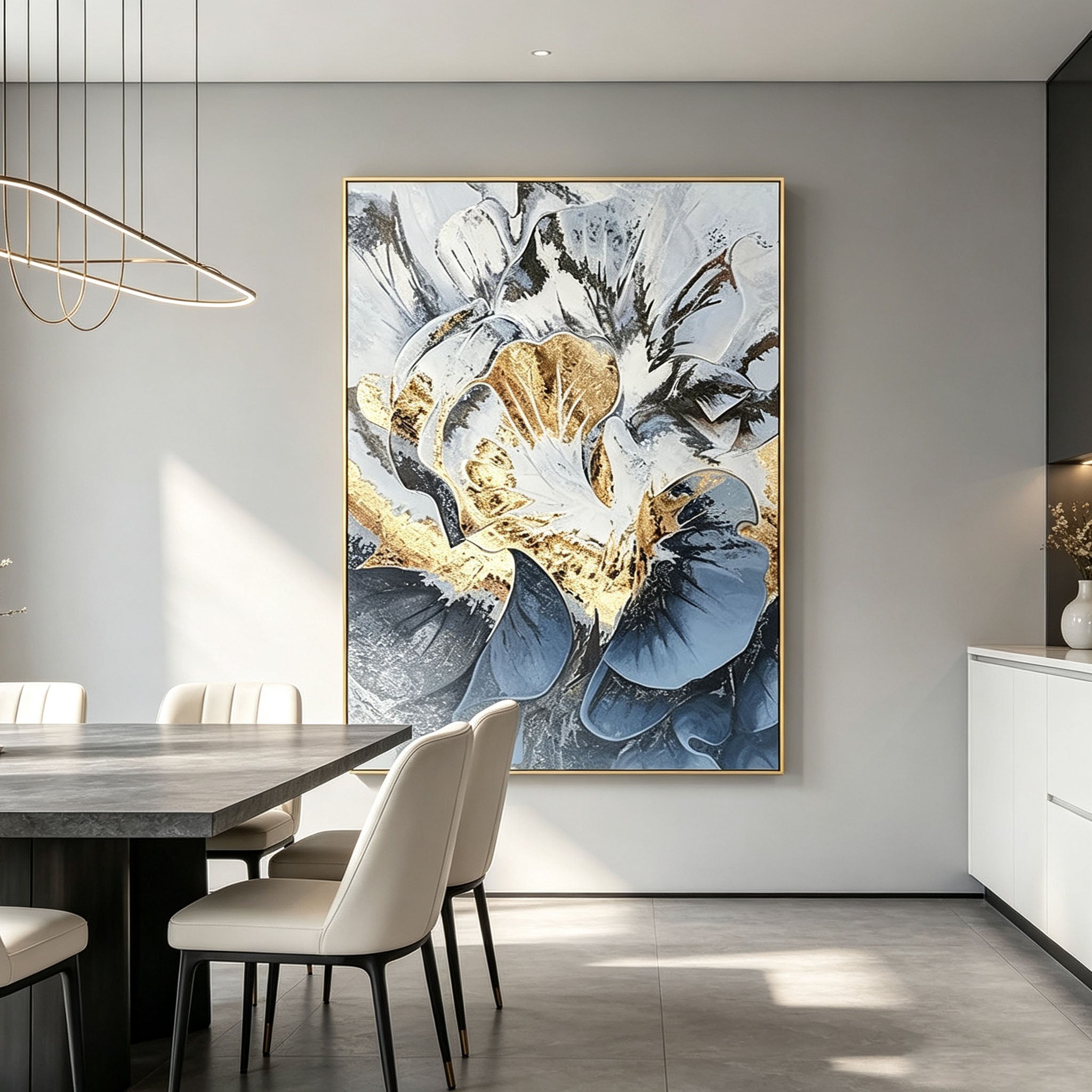 Abstract Floral Wall Art, Gold Frame Oil Painting, White Blue Gold Black Textured Canvas, Luxury Office Decor