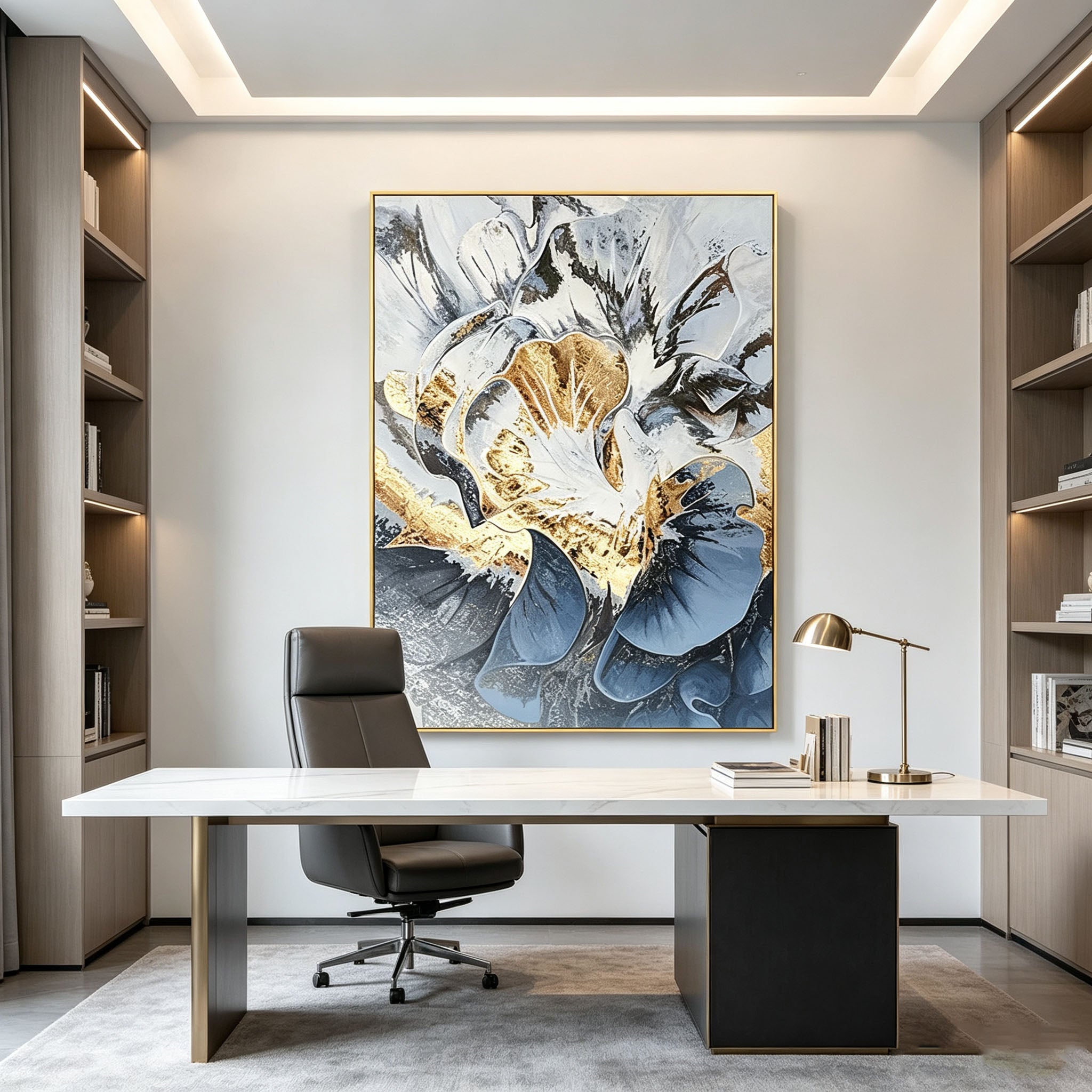 Abstract Floral Wall Art, Gold Frame Oil Painting, White Blue Gold Black Textured Canvas, Luxury Office Decor