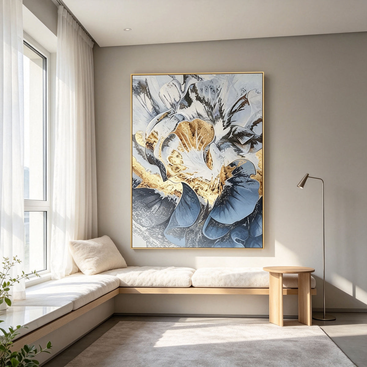 Abstract Floral Wall Art, Gold Frame Oil Painting, White Blue Gold Black Textured Canvas, Luxury Office Decor