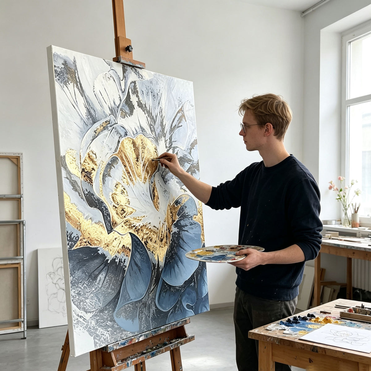 Abstract Floral Wall Art, Gold Frame Oil Painting, White Blue Gold Black Textured Canvas, Luxury Office Decor