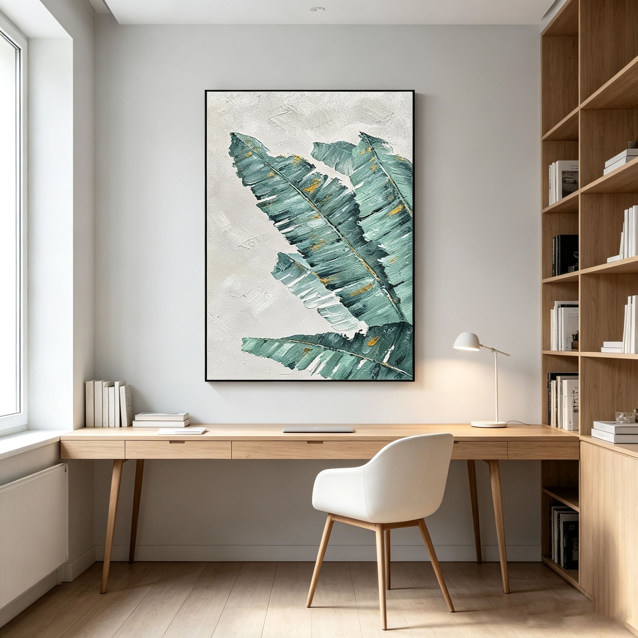 Textured Banana Leaf Canvas Wall Art, Green Tropical Plant Oil Painting for Living Room Home Decor
