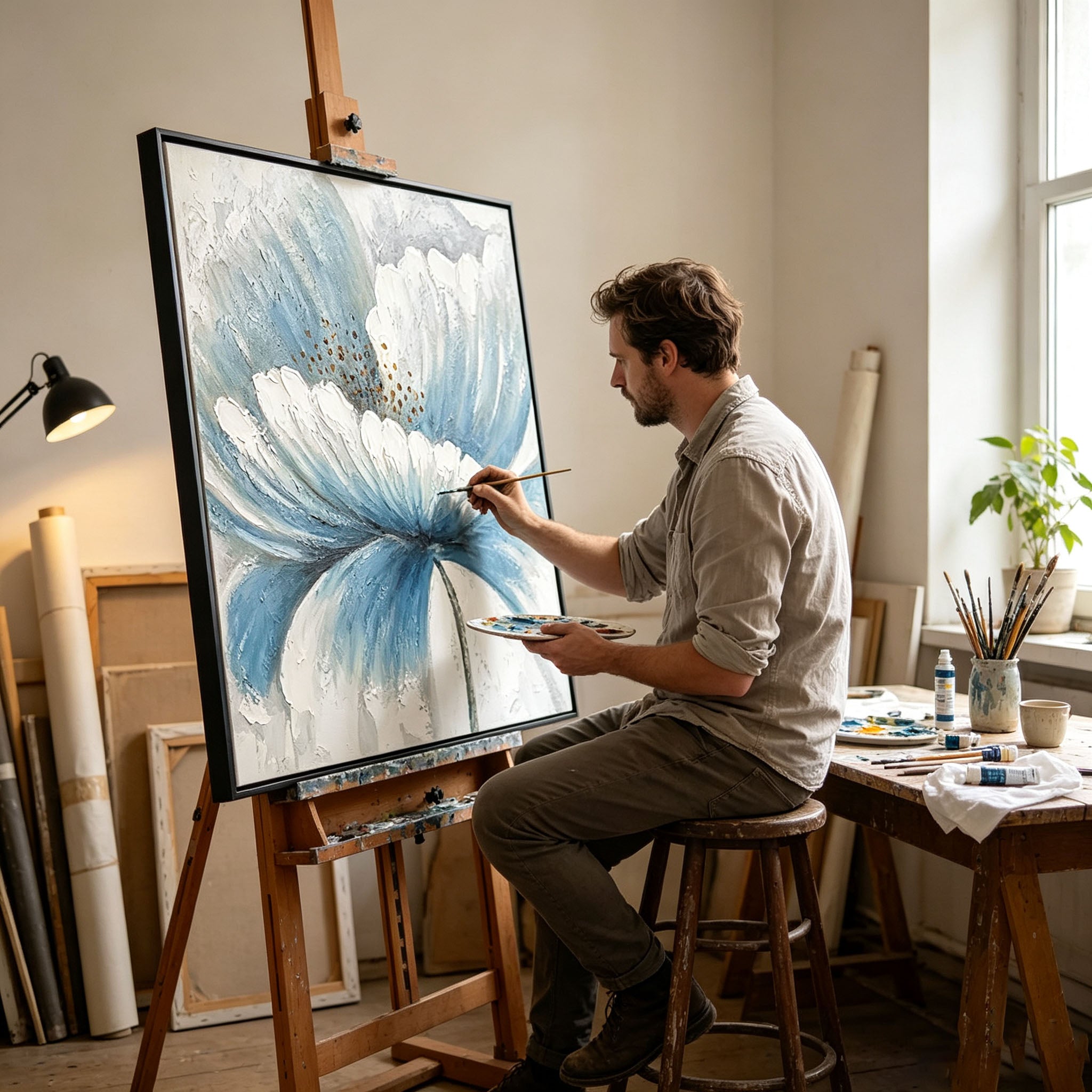 Textured Blue White Flower Oil Painting, Hand Painted Large Bloom Floral Canvas Wall Art, Neutral Botanical Entryway Decor