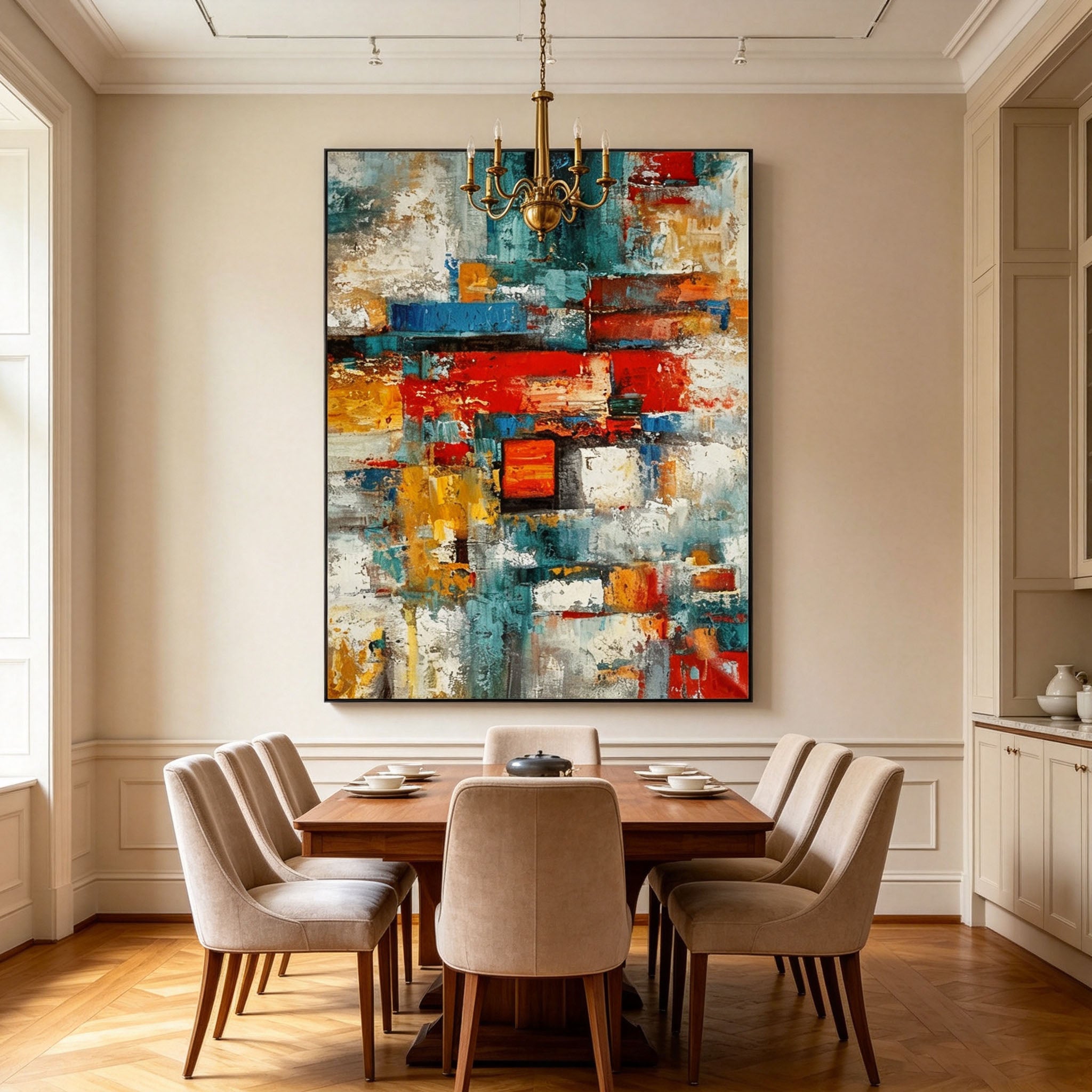 Colorful Abstract Wall Art, Red Blue Yellow Oil Painting, Large Textured Color Block Canvas, Retro Bedroom Wall Decor