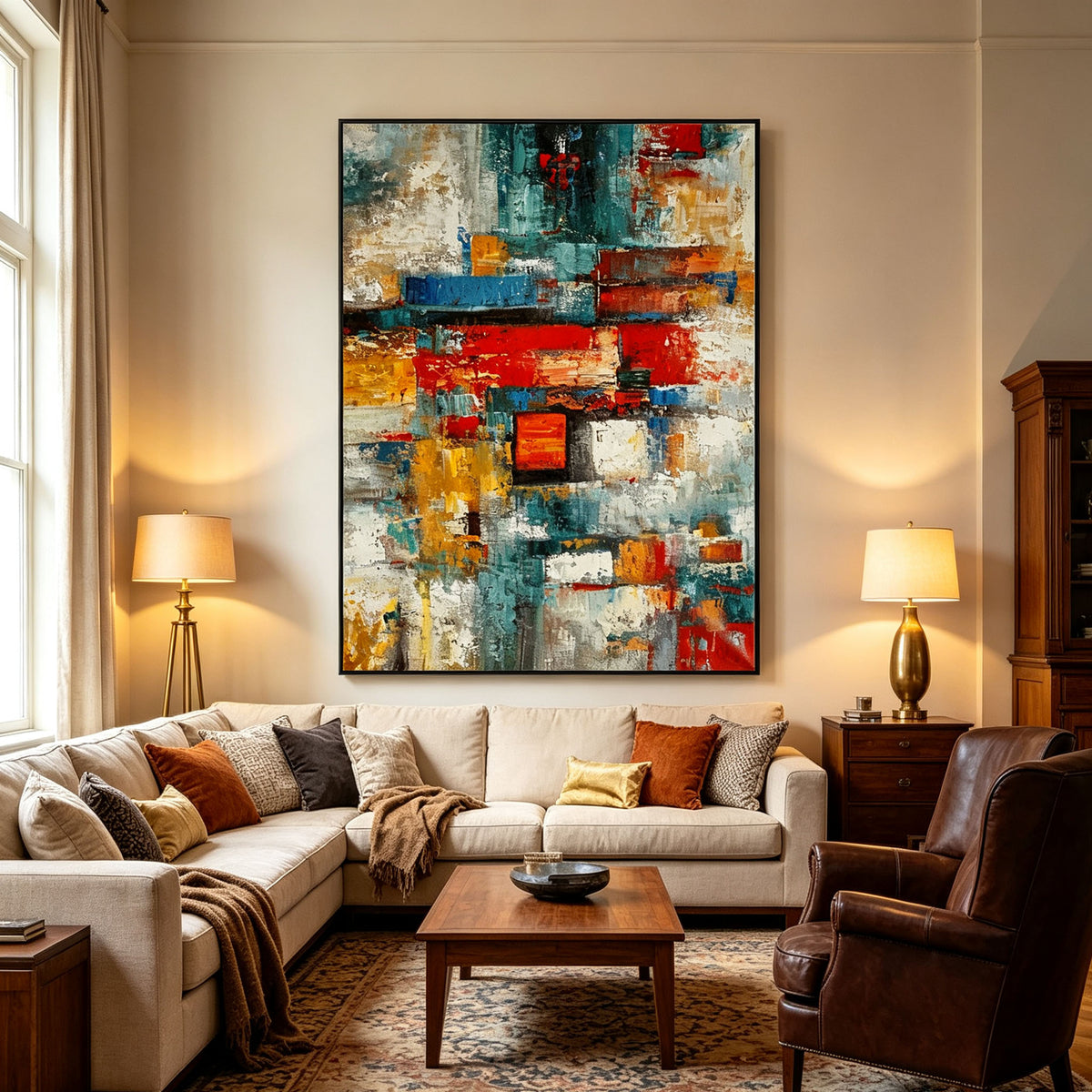 Colorful Abstract Wall Art, Red Blue Yellow Oil Painting, Large Textured Color Block Canvas, Retro Bedroom Wall Decor